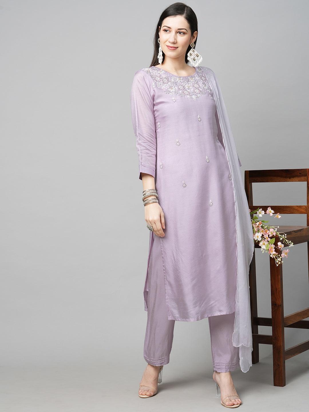 Floral Hand Embroidered Straight Kurta with Pants & Dupatta - Light Purple - Indiakreations