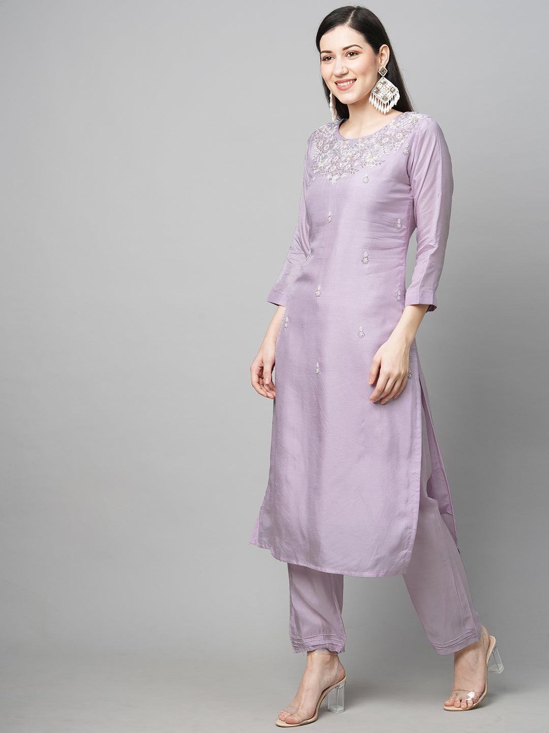 Floral Hand Embroidered Straight Kurta with Pants & Dupatta - Light Purple - Indiakreations