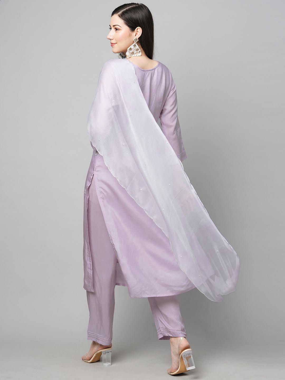 Floral Hand Embroidered Straight Kurta with Pants & Dupatta - Light Purple - Indiakreations