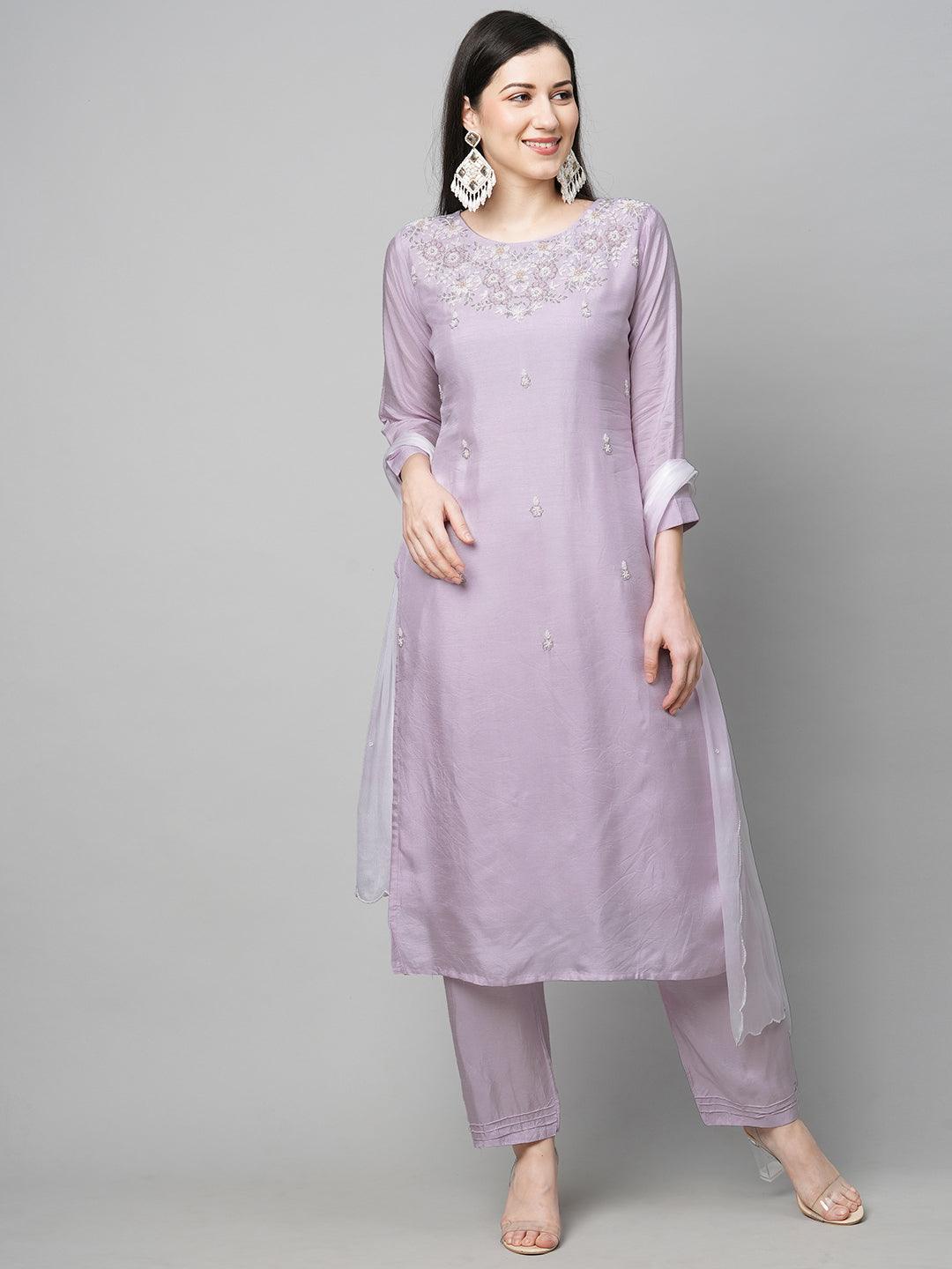 Floral Hand Embroidered Straight Kurta with Pants & Dupatta - Light Purple - Indiakreations