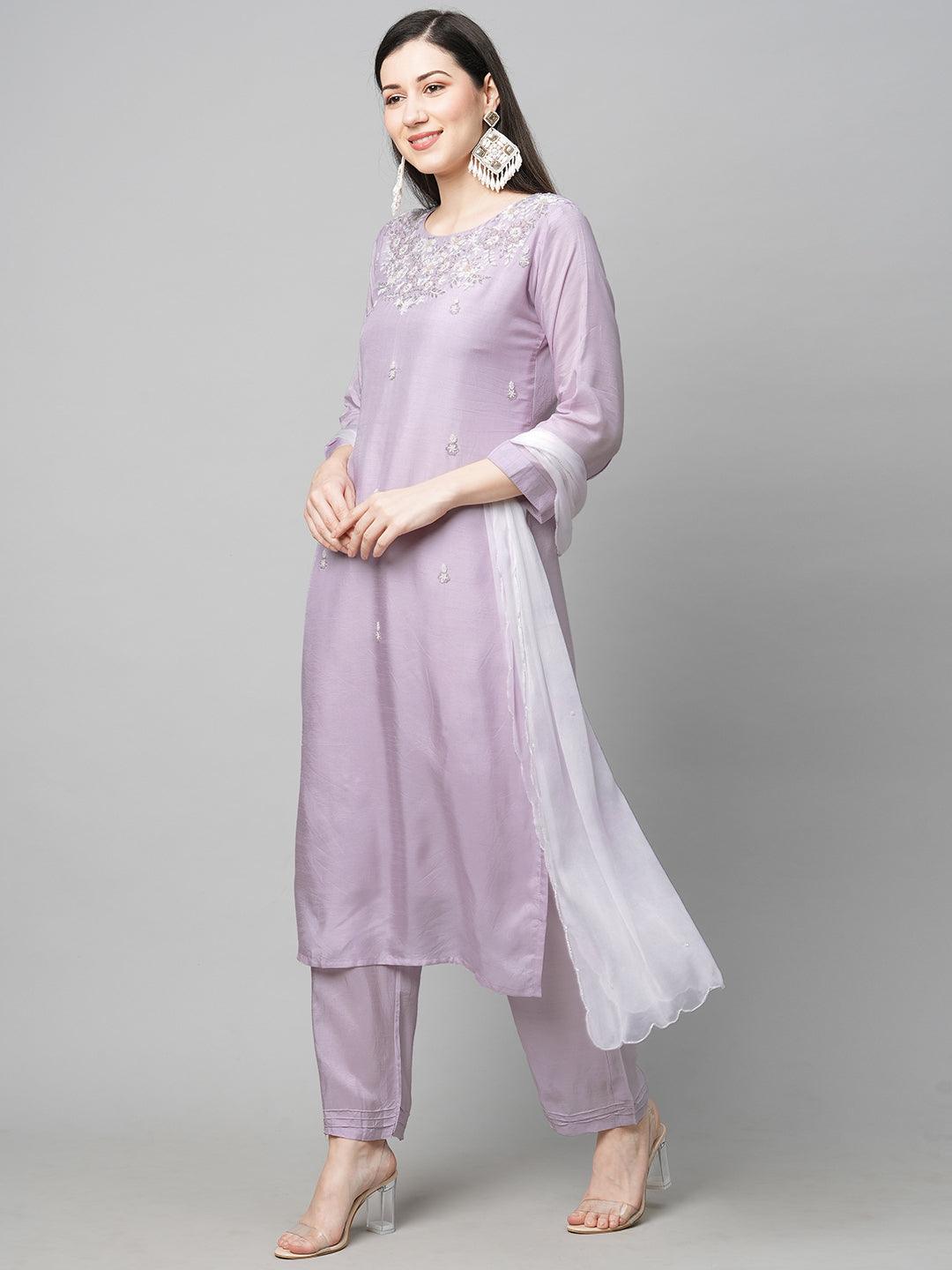 Floral Hand Embroidered Straight Kurta with Pants & Dupatta - Light Purple - Indiakreations