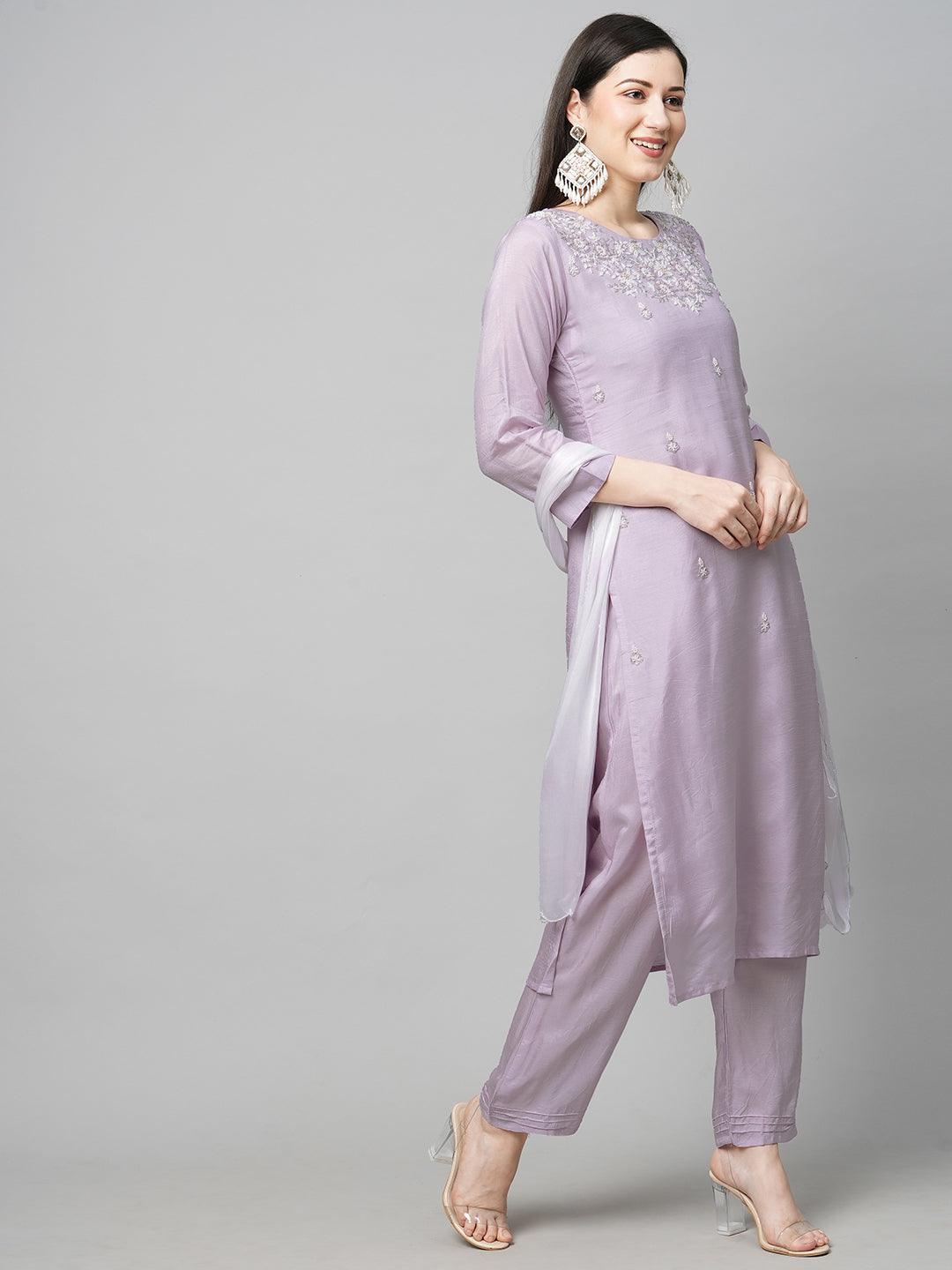 Floral Hand Embroidered Straight Kurta with Pants & Dupatta - Light Purple - Indiakreations