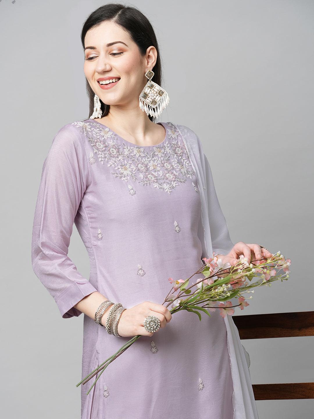 Floral Hand Embroidered Straight Kurta with Pants & Dupatta - Light Purple - Indiakreations