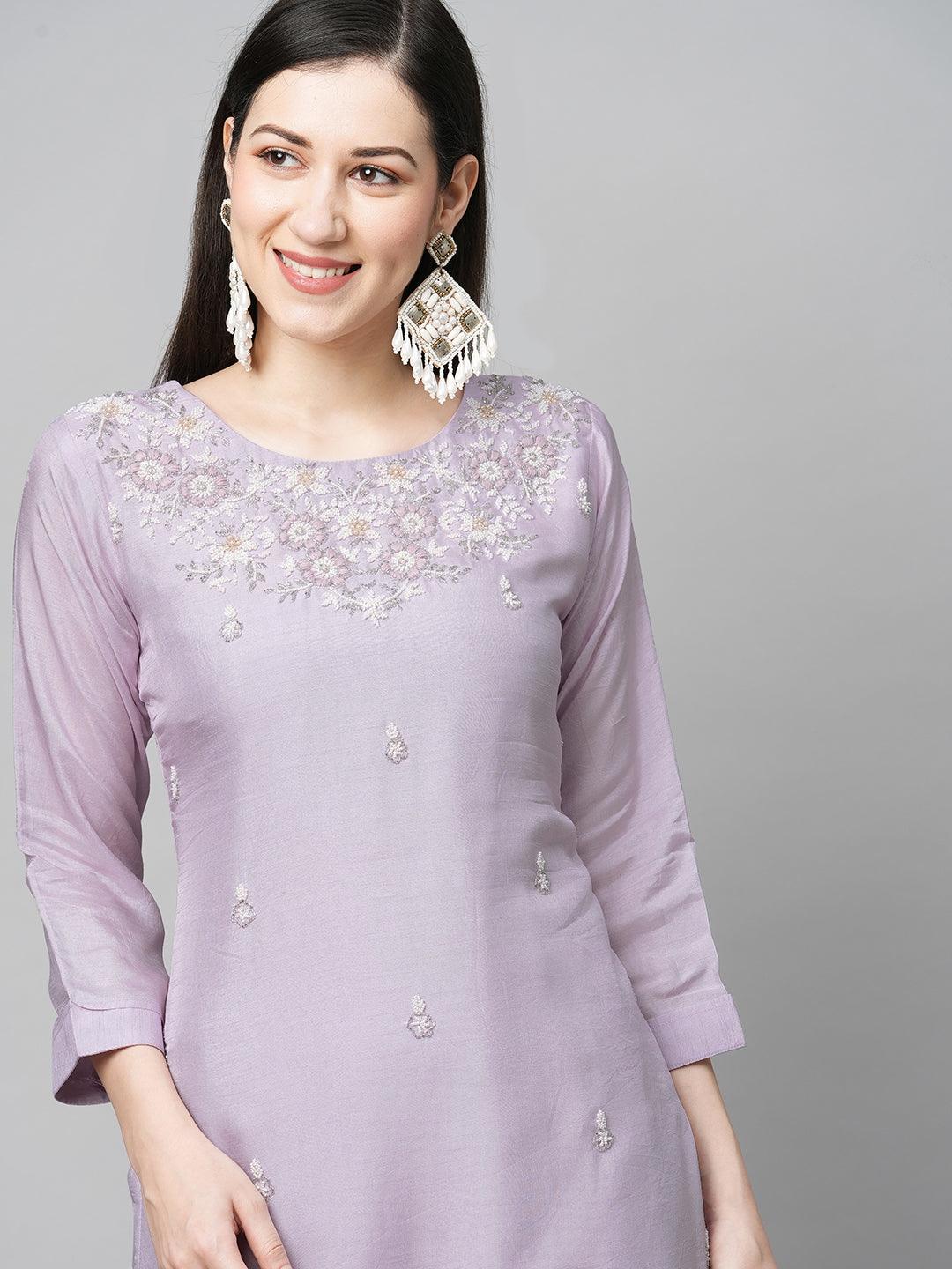 Floral Hand Embroidered Straight Kurta with Pants & Dupatta - Light Purple - Indiakreations