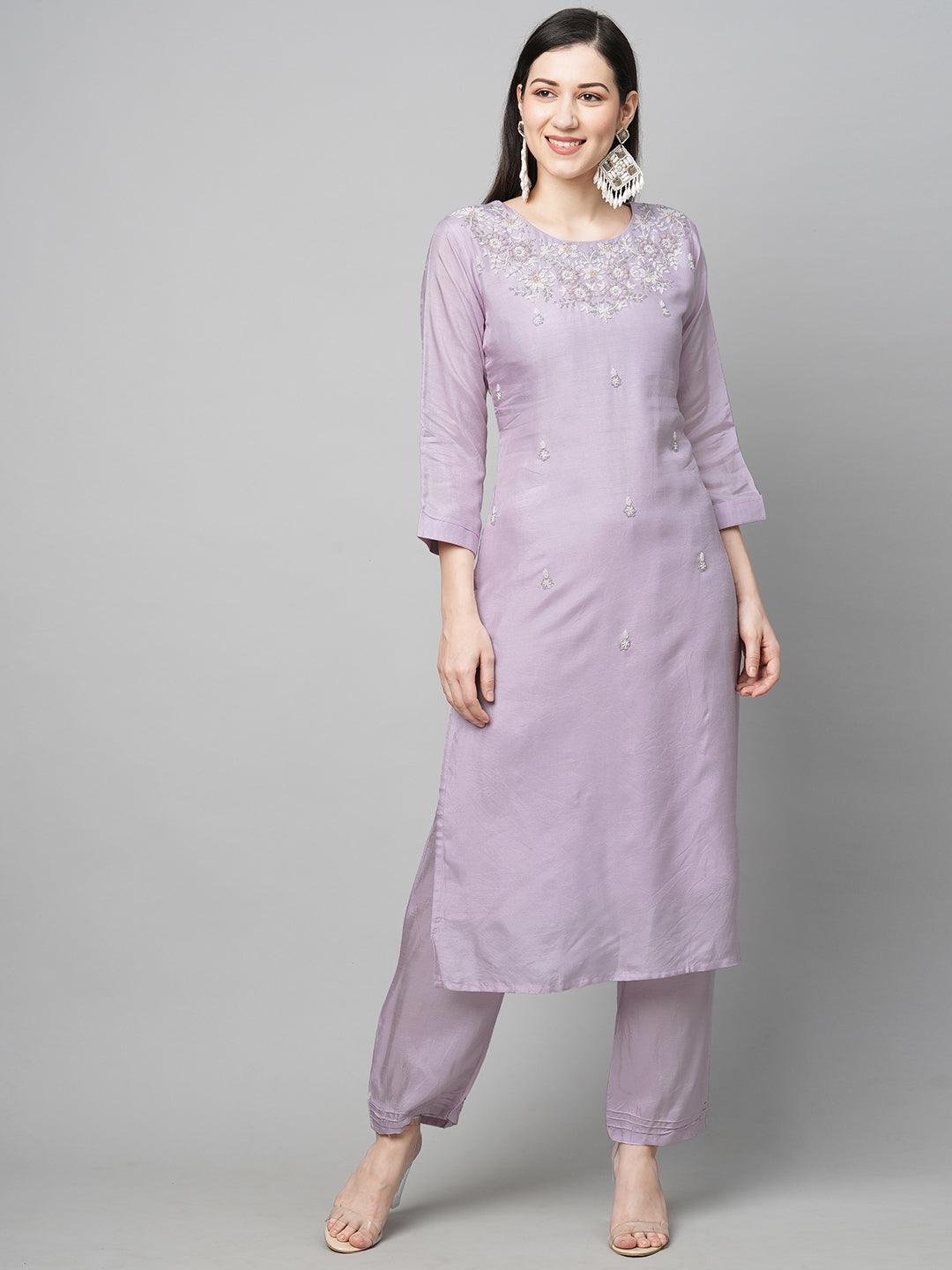 Floral Hand Embroidered Straight Kurta with Pants & Dupatta - Light Purple - Indiakreations