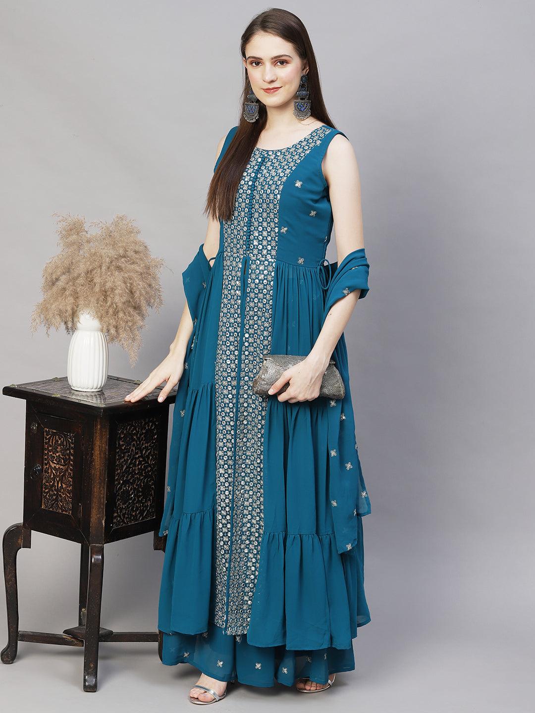 Ethnic Embroidered Flared Kurta with Palazzo & Dupatta - Teal Blue - Indiakreations