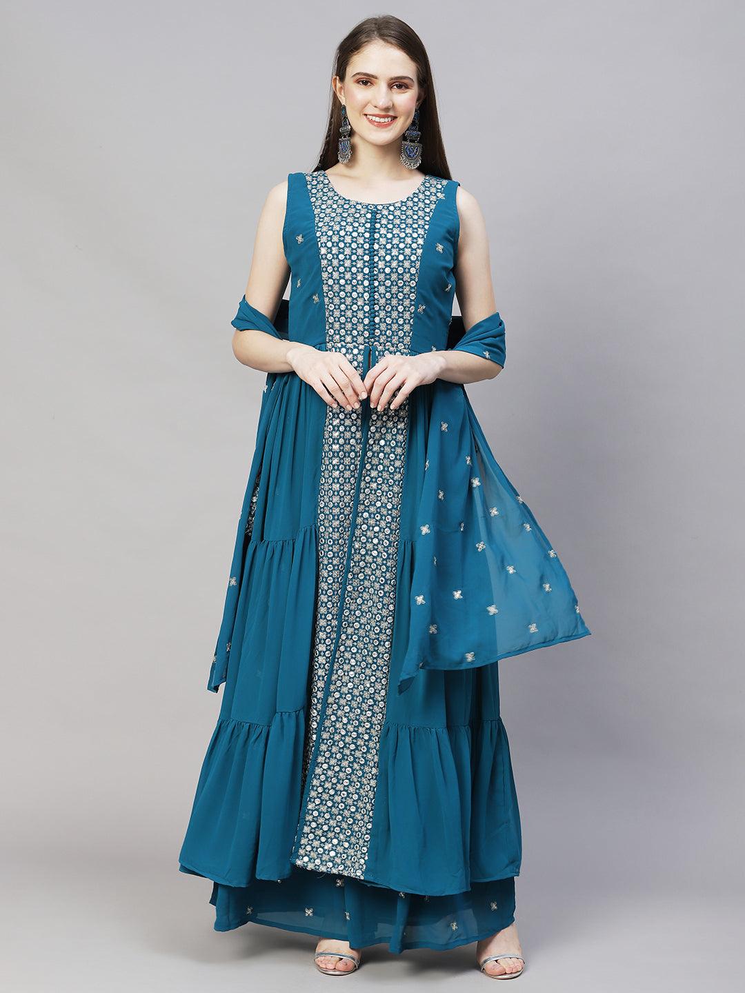 Ethnic Embroidered Flared Kurta with Palazzo & Dupatta - Teal Blue - Indiakreations