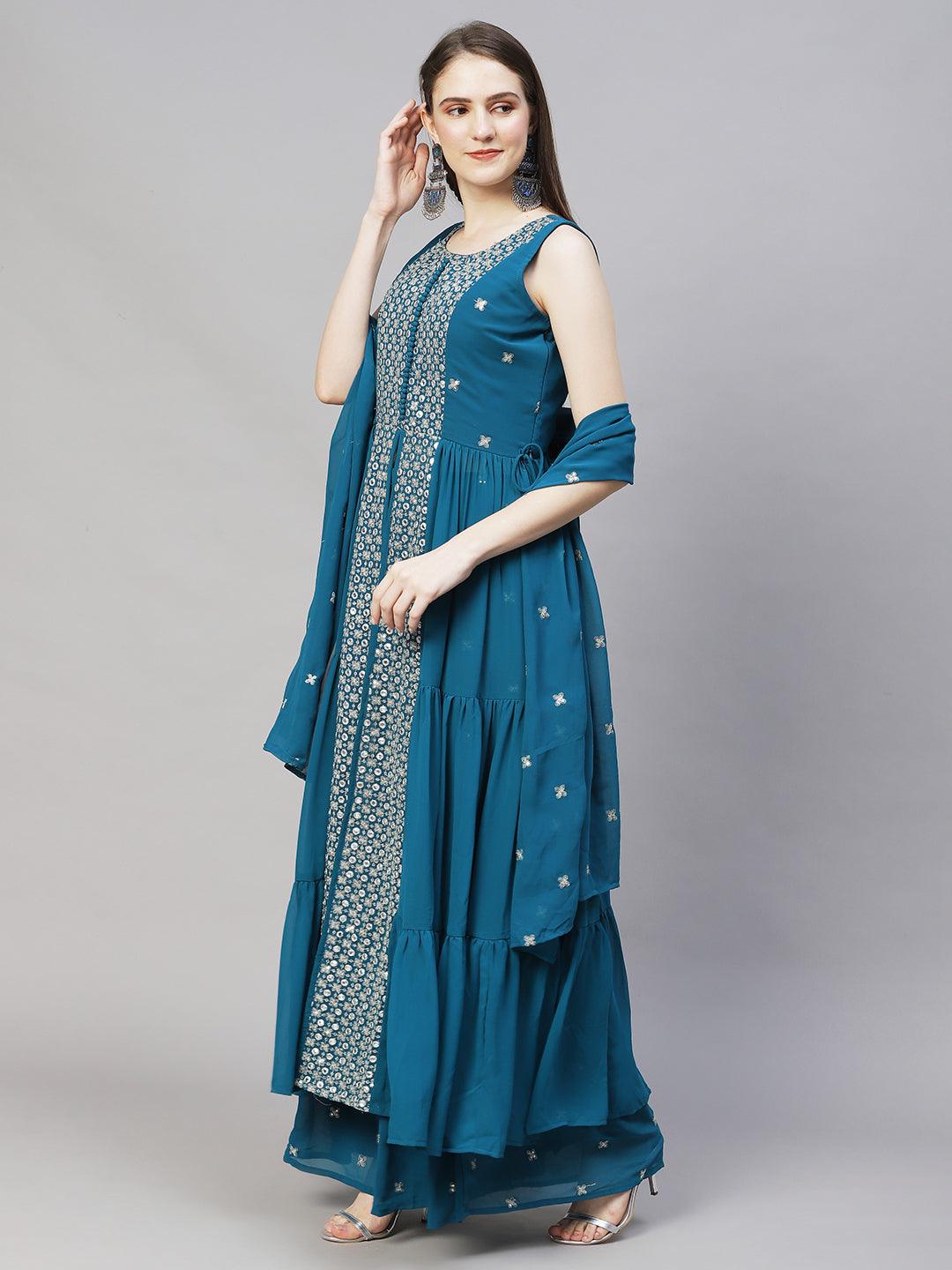 Ethnic Embroidered Flared Kurta with Palazzo & Dupatta - Teal Blue - Indiakreations