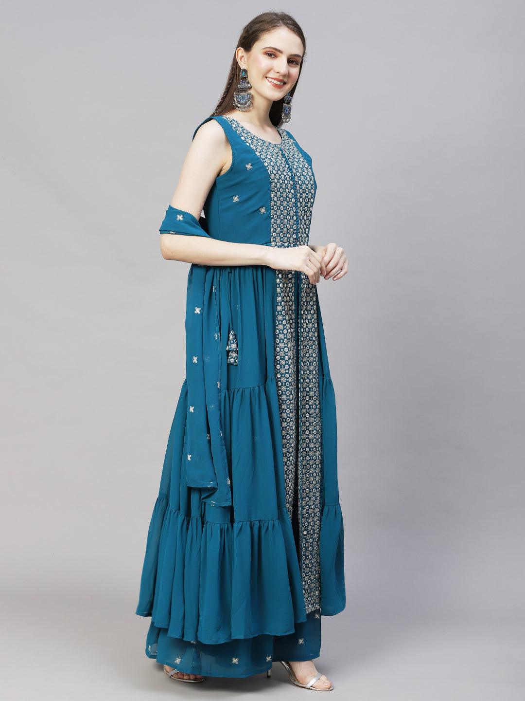 Ethnic Embroidered Flared Kurta with Palazzo & Dupatta - Teal Blue - Indiakreations