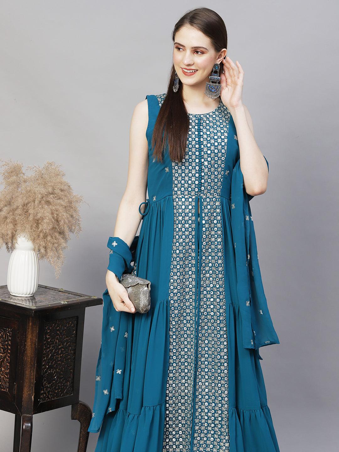 Ethnic Embroidered Flared Kurta with Palazzo & Dupatta - Teal Blue - Indiakreations