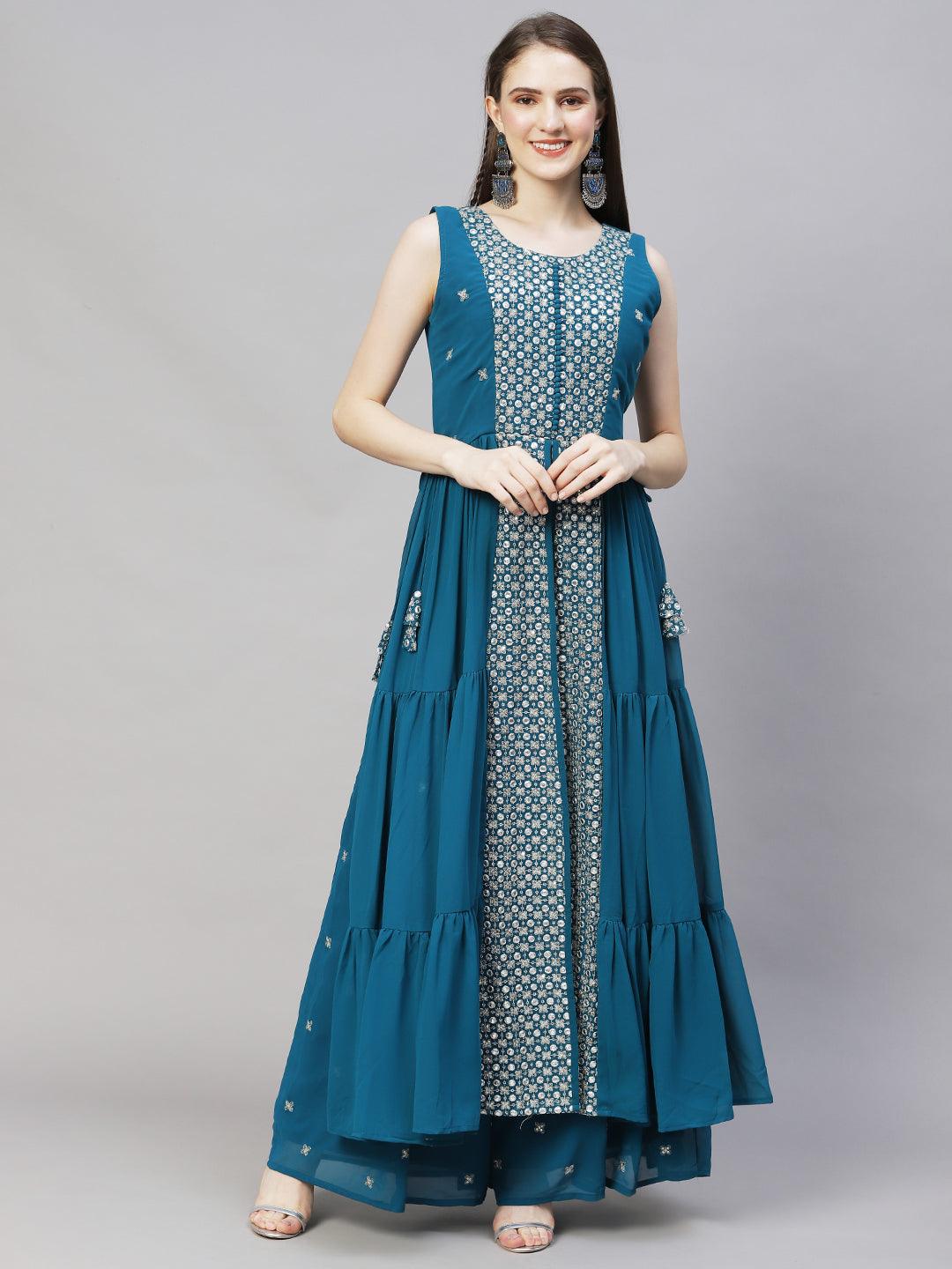 Ethnic Embroidered Flared Kurta with Palazzo & Dupatta - Teal Blue - Indiakreations