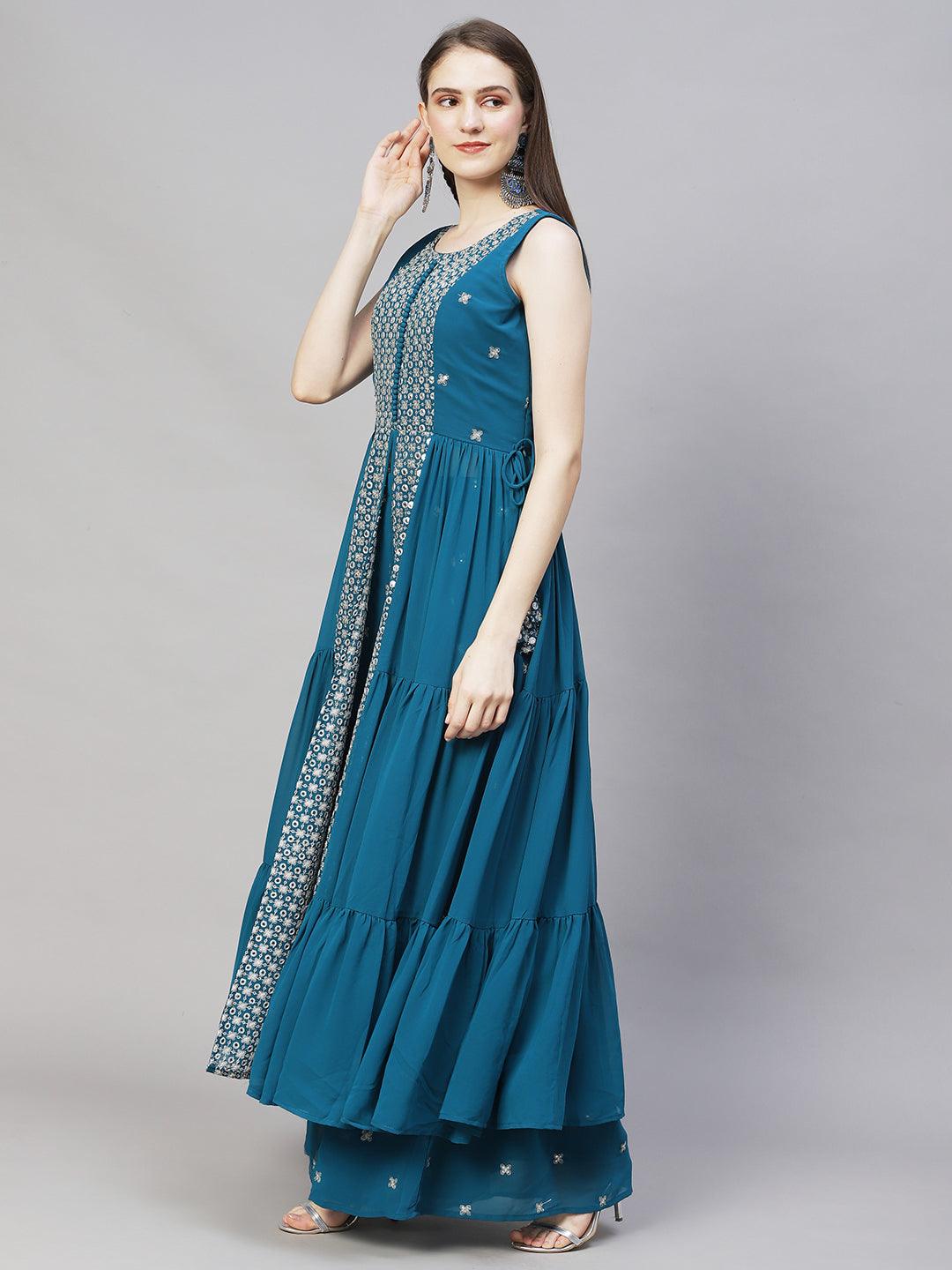 Ethnic Embroidered Flared Kurta with Palazzo & Dupatta - Teal Blue - Indiakreations