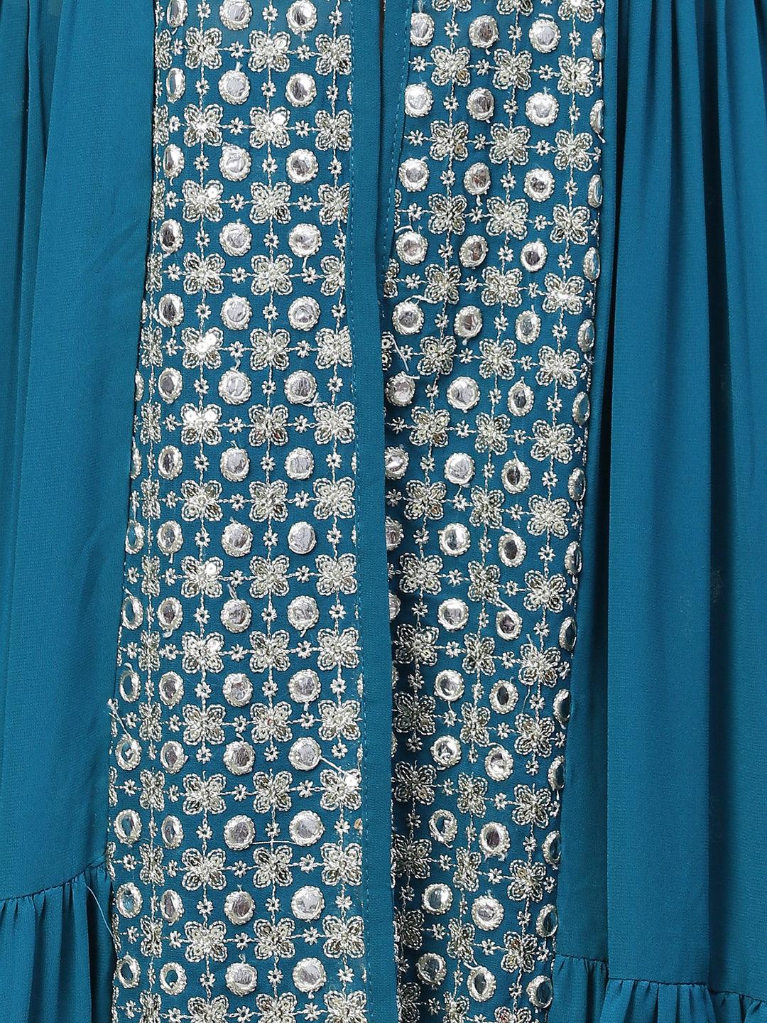 Ethnic Embroidered Flared Kurta with Palazzo & Dupatta - Teal Blue - Indiakreations