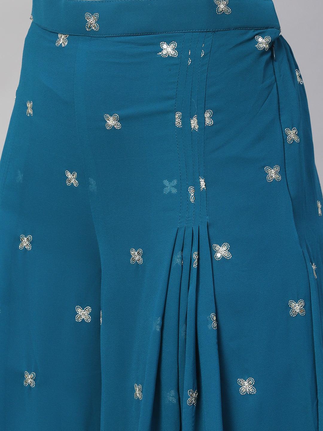 Ethnic Embroidered Flared Kurta with Palazzo & Dupatta - Teal Blue - Indiakreations