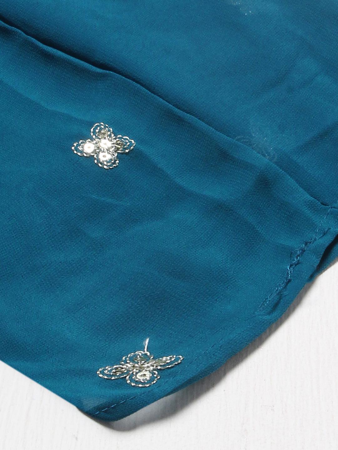 Ethnic Embroidered Flared Kurta with Palazzo & Dupatta - Teal Blue - Indiakreations