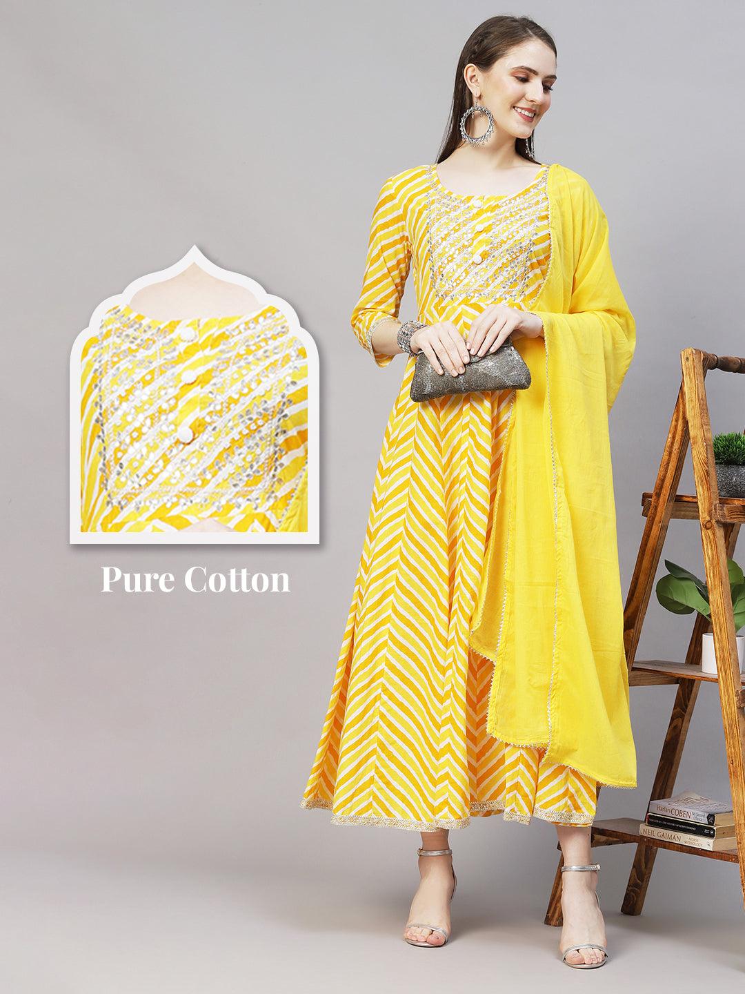 Leheriya Printed & Embroidered Anarkali Maxi Dress with Dupatta - Yellow - Indiakreations