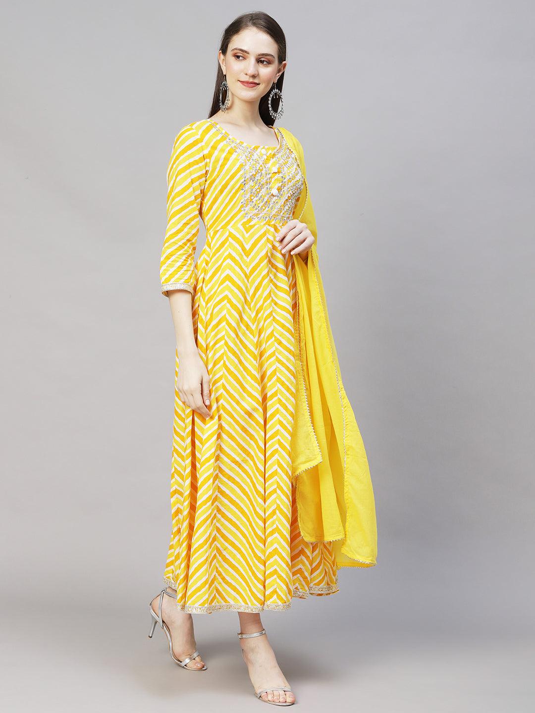 Leheriya Printed & Embroidered Anarkali Maxi Dress with Dupatta - Yellow - Indiakreations