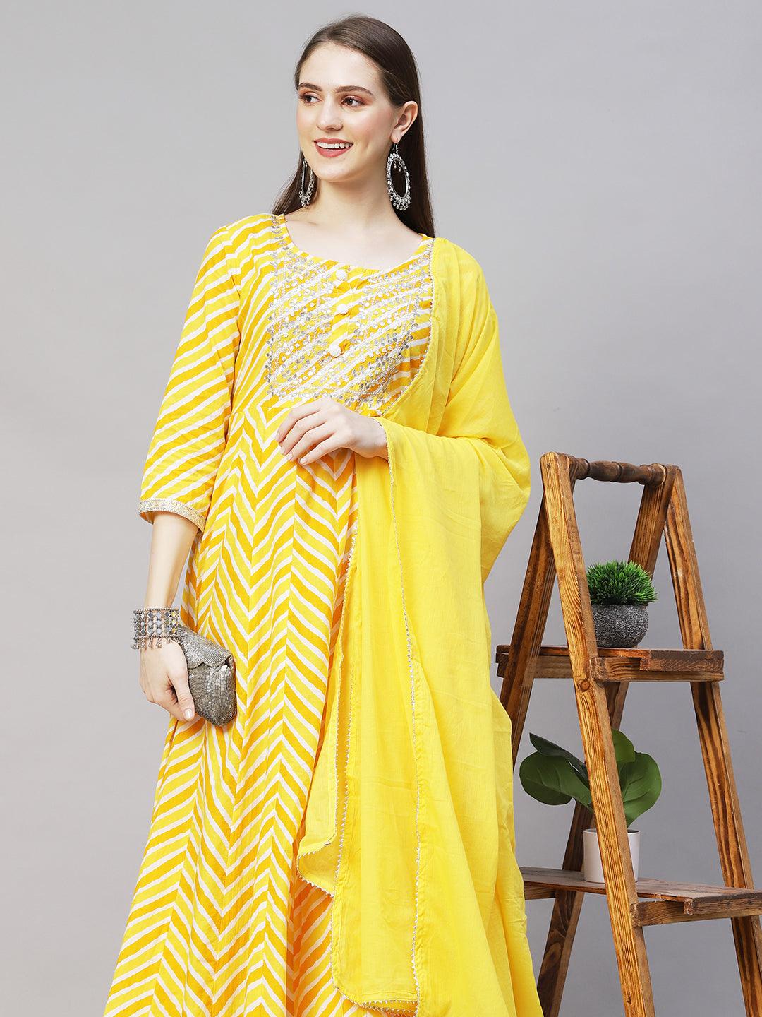 Leheriya Printed & Embroidered Anarkali Maxi Dress with Dupatta - Yellow - Indiakreations