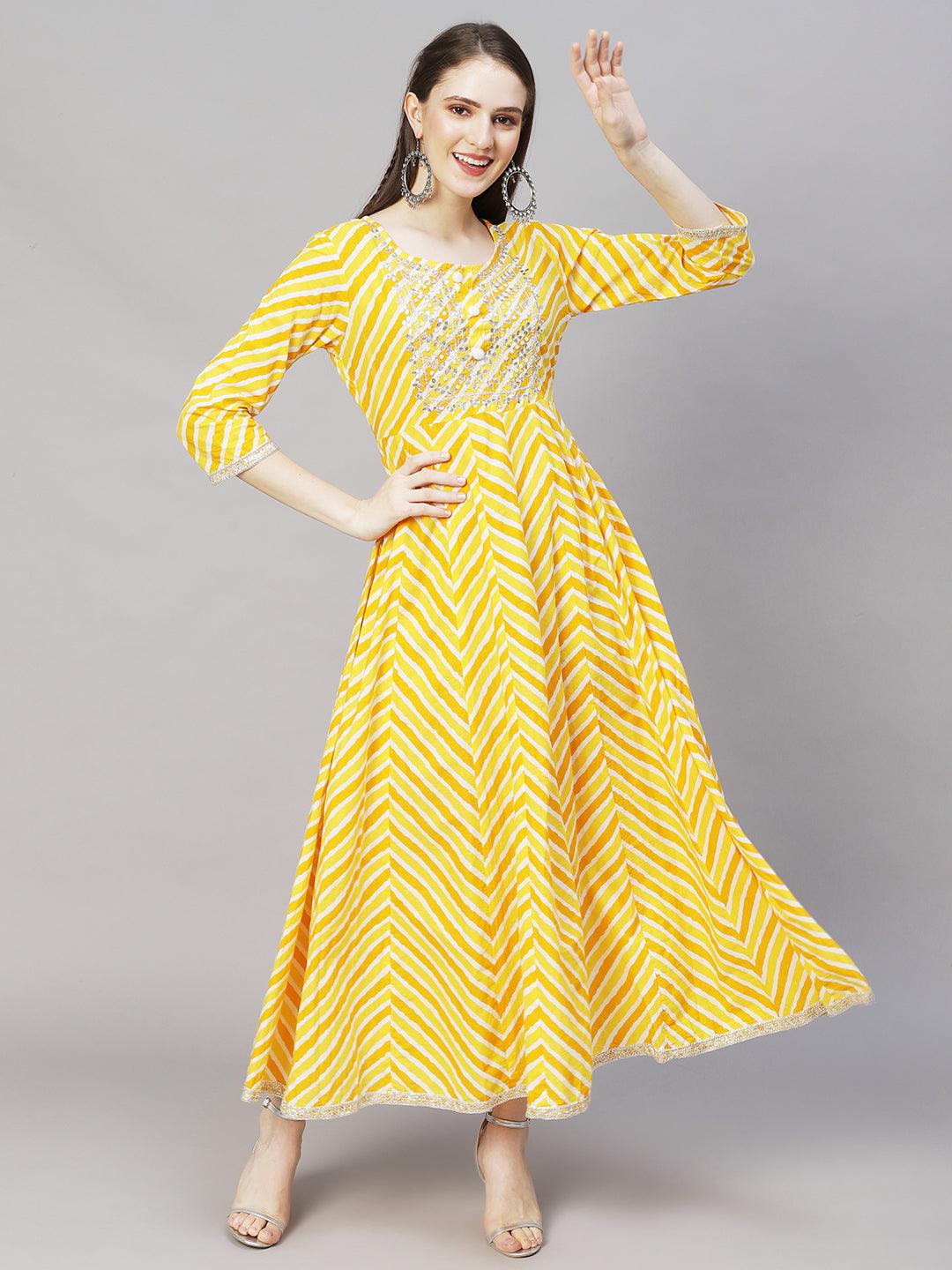 Leheriya Printed & Embroidered Anarkali Maxi Dress with Dupatta - Yellow - Indiakreations