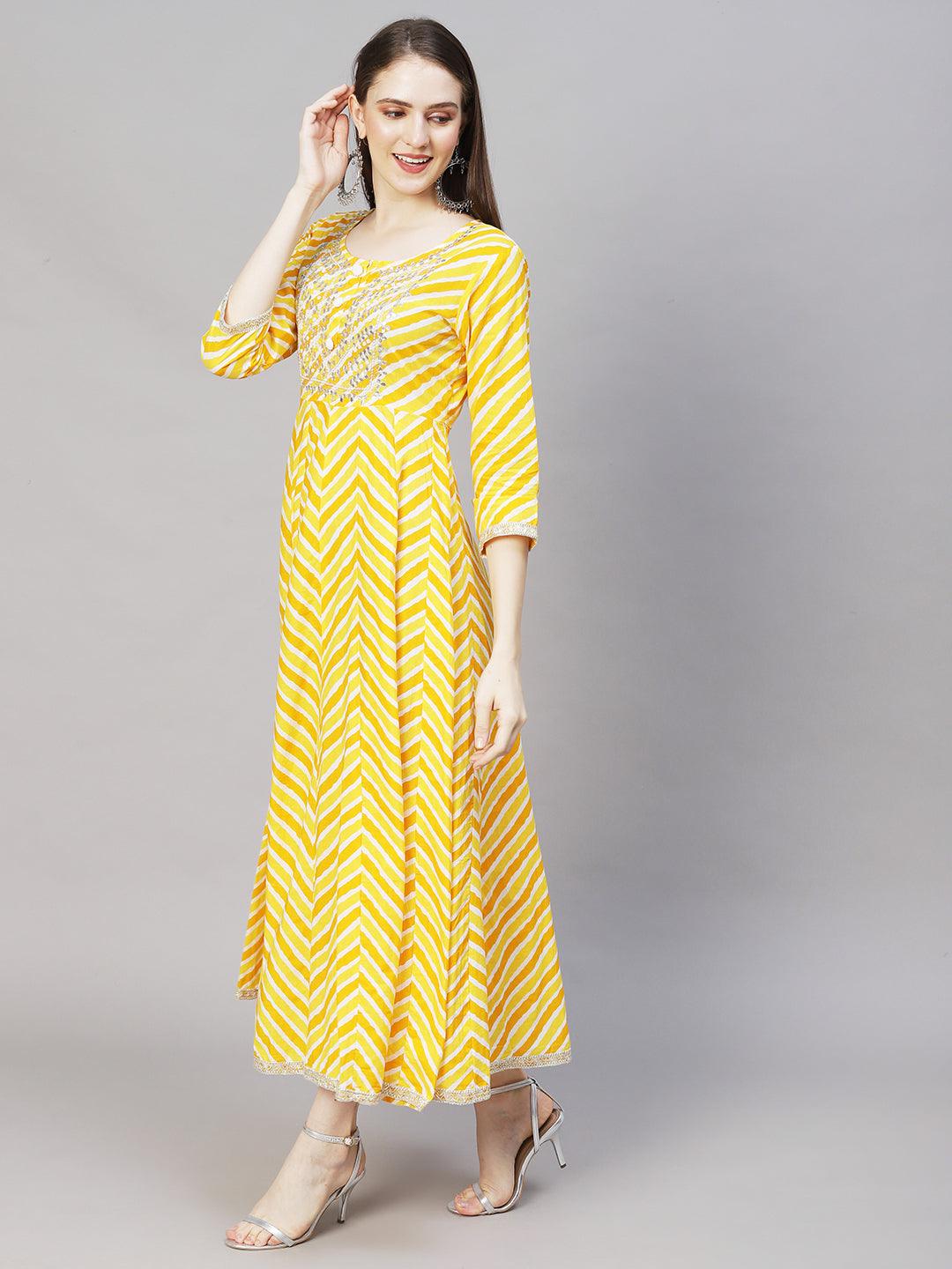 Leheriya Printed & Embroidered Anarkali Maxi Dress with Dupatta - Yellow - Indiakreations