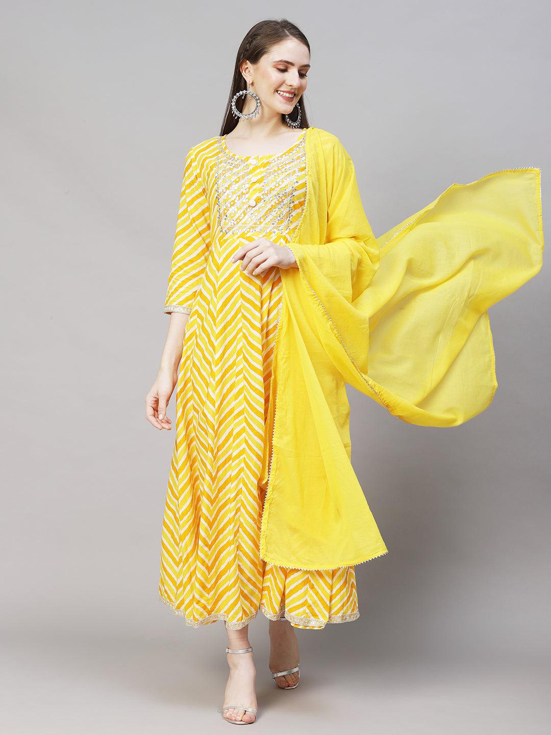 Leheriya Printed & Embroidered Anarkali Maxi Dress with Dupatta - Yellow - Indiakreations