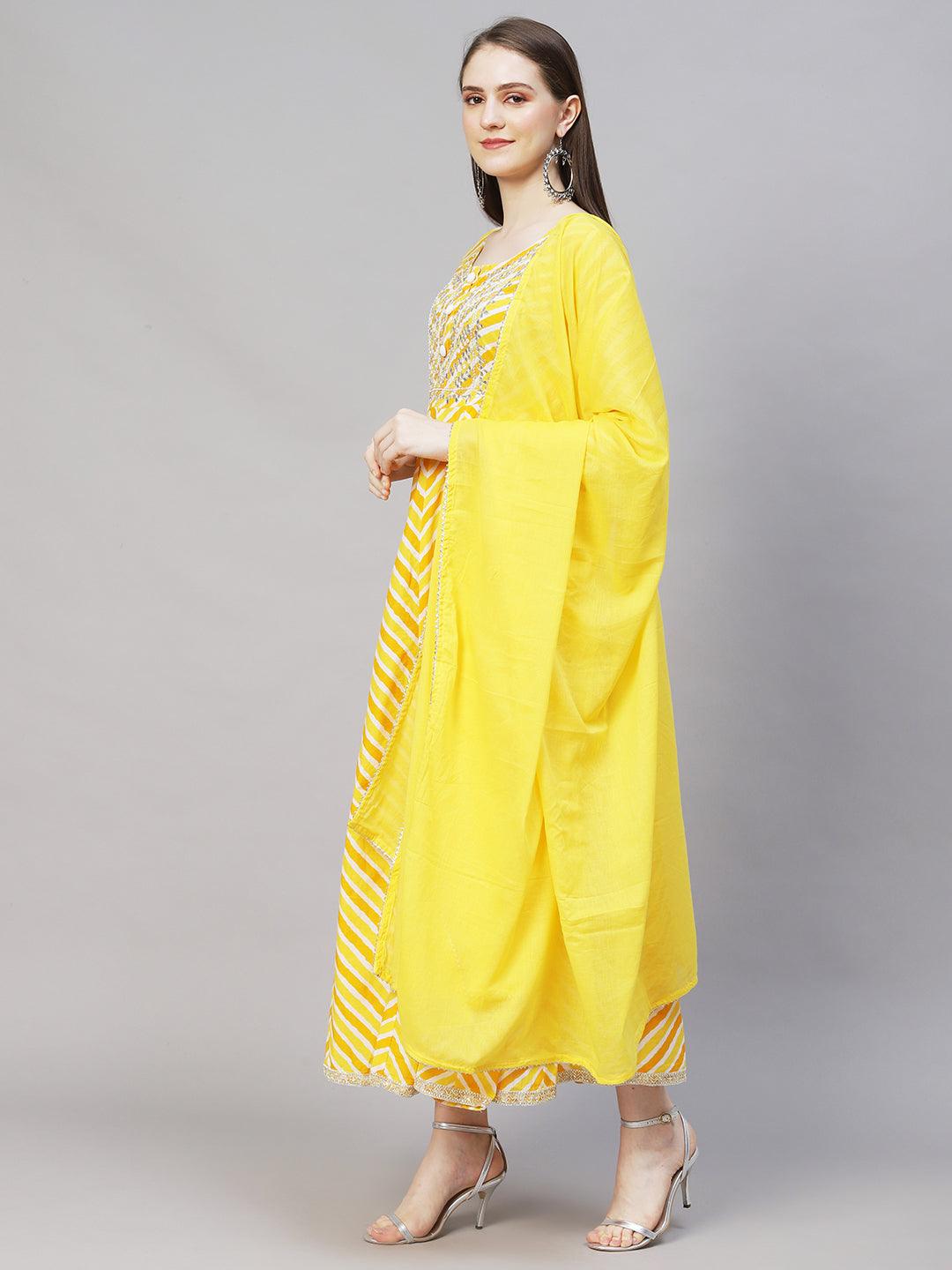 Leheriya Printed & Embroidered Anarkali Maxi Dress with Dupatta - Yellow - Indiakreations