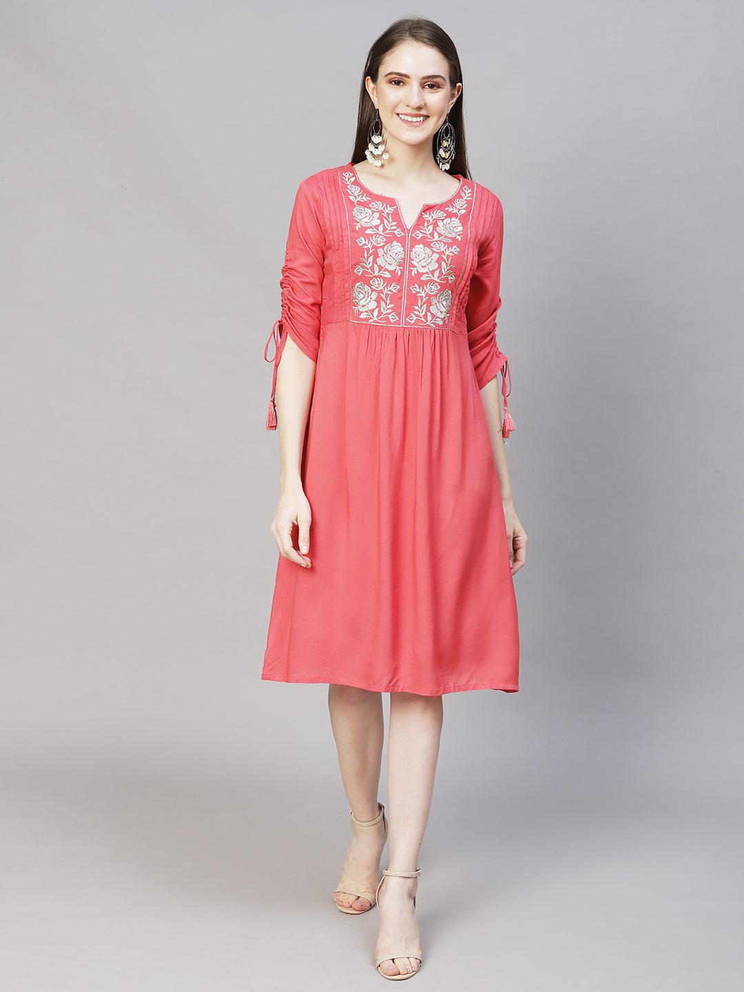 Floral Embroidered A-Line Midi Dress - Peach - Indiakreations