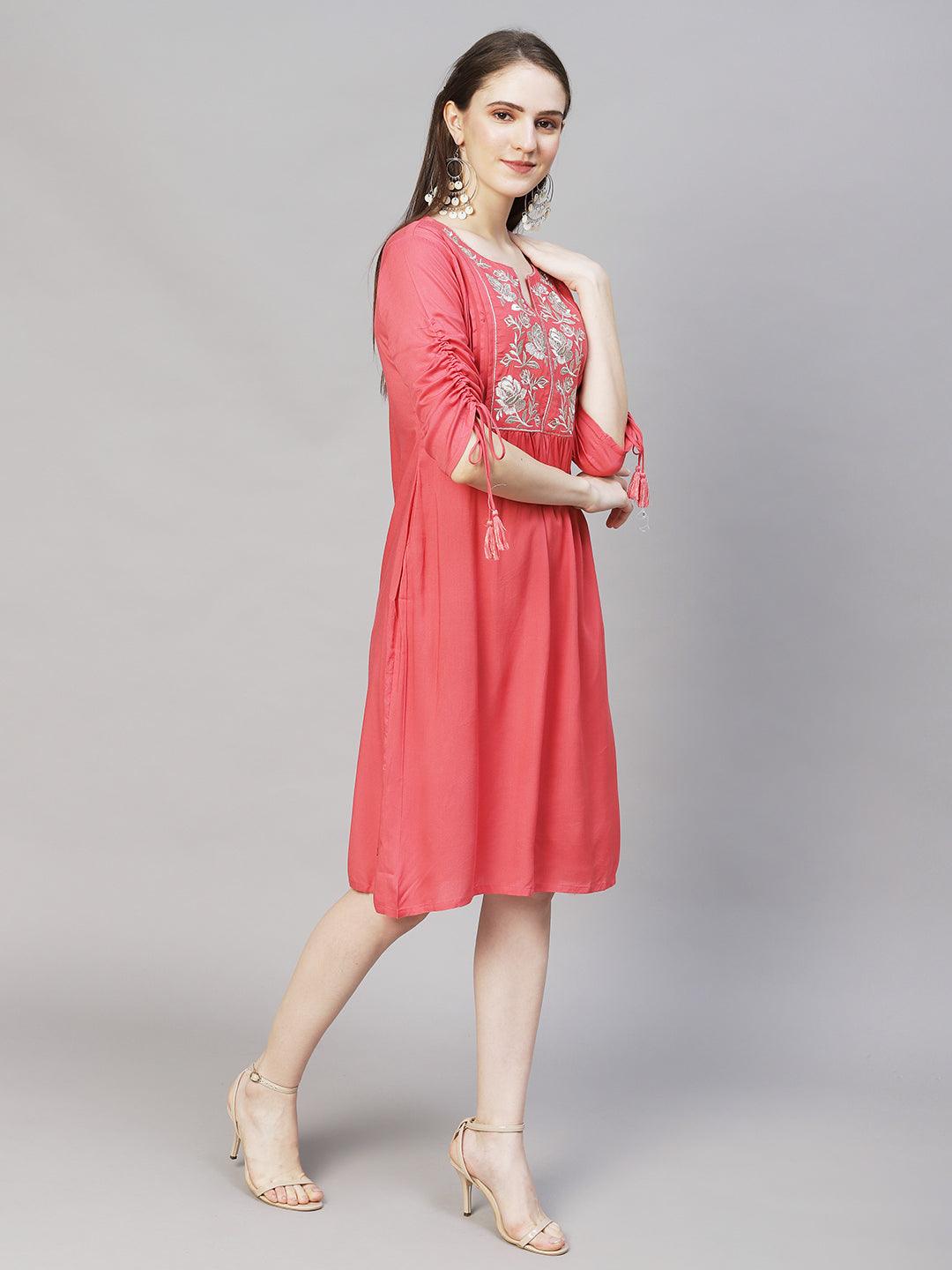 Floral Embroidered A-Line Midi Dress - Peach - Indiakreations