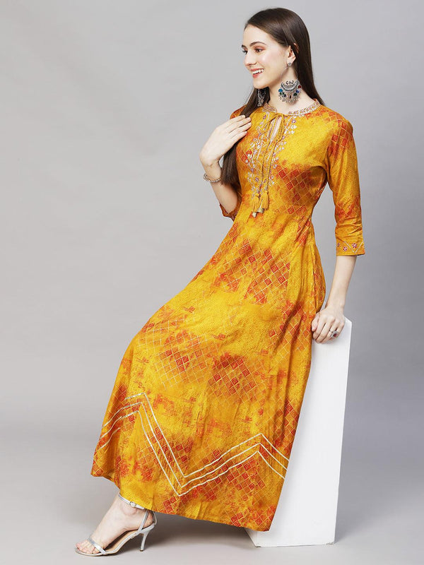 Ethnic Printed Anarkali Flared Maxi Dress - Mustard - Indiakreations