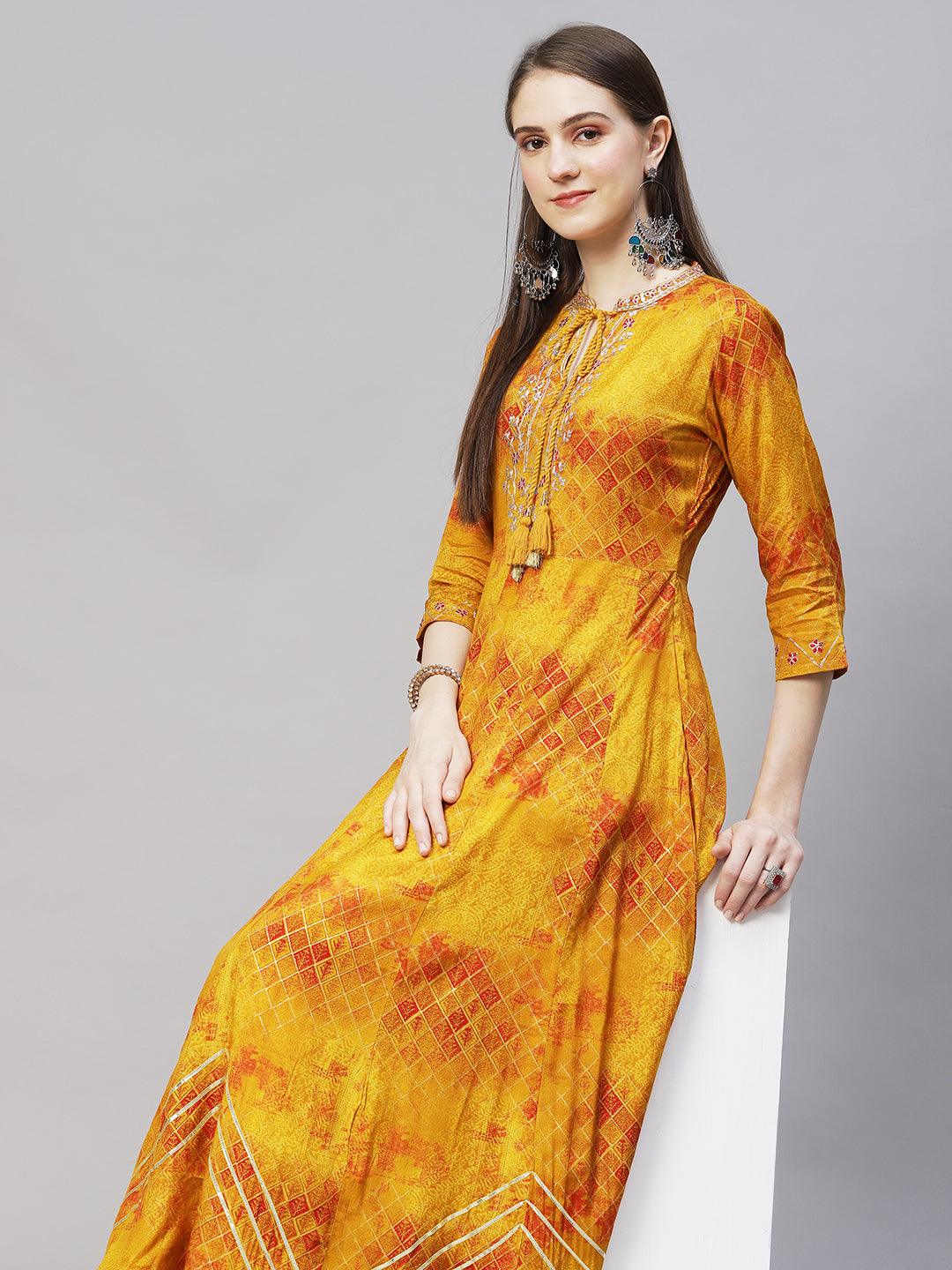 Ethnic Printed Anarkali Flared Maxi Dress - Mustard - Indiakreations