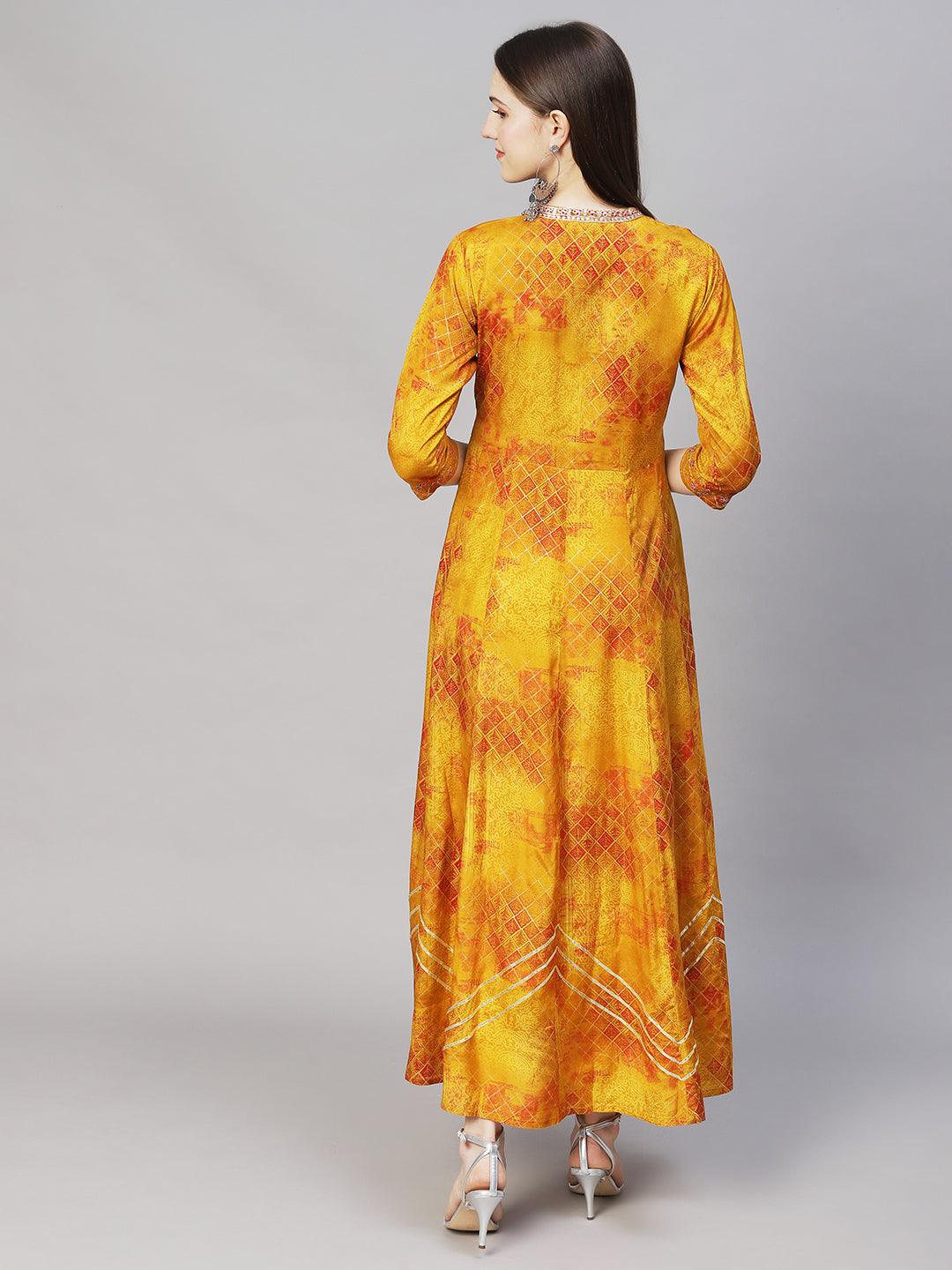 Ethnic Printed Anarkali Flared Maxi Dress - Mustard - Indiakreations