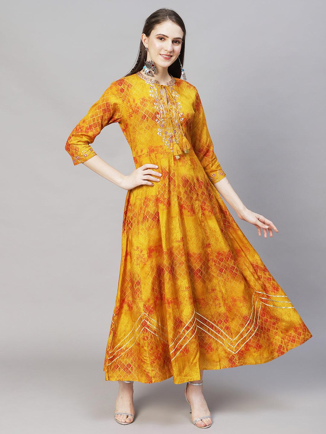 Ethnic Printed Anarkali Flared Maxi Dress - Mustard - Indiakreations