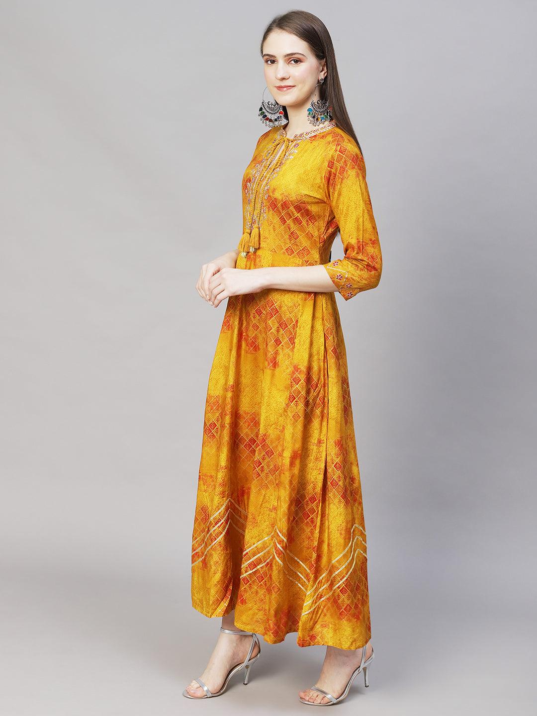 Ethnic Printed Anarkali Flared Maxi Dress - Mustard - Indiakreations