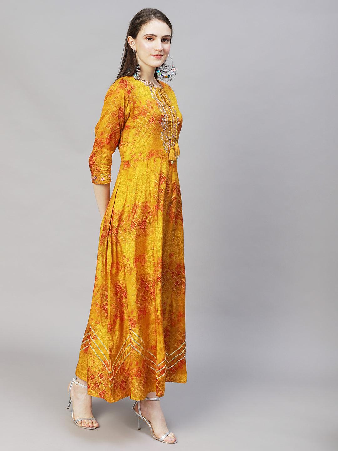 Ethnic Printed Anarkali Flared Maxi Dress - Mustard - Indiakreations