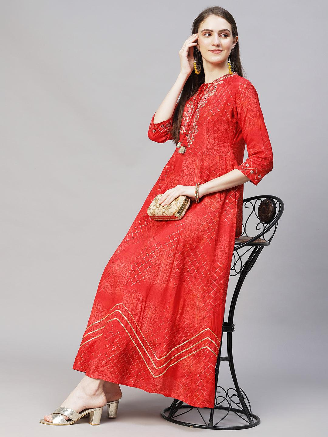 Ethnic Printed Anarkali Flared Maxi Dress - Red - Indiakreations