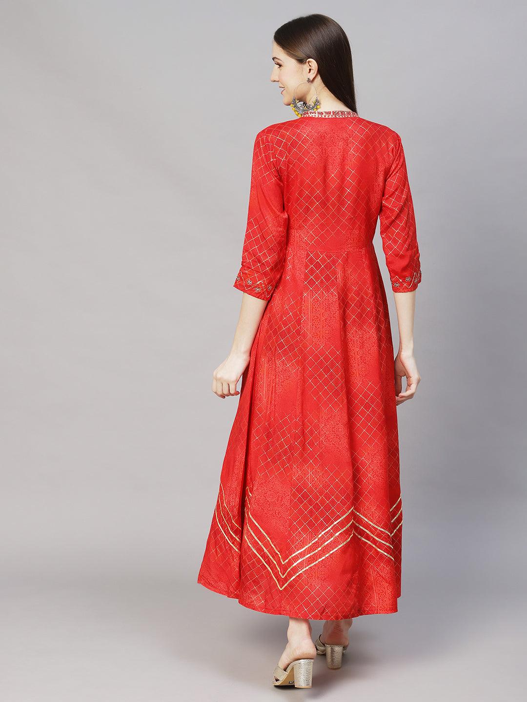 Ethnic Printed Anarkali Flared Maxi Dress - Red - Indiakreations