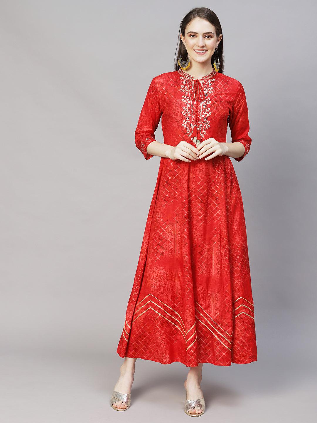 Ethnic Printed Anarkali Flared Maxi Dress - Red - Indiakreations