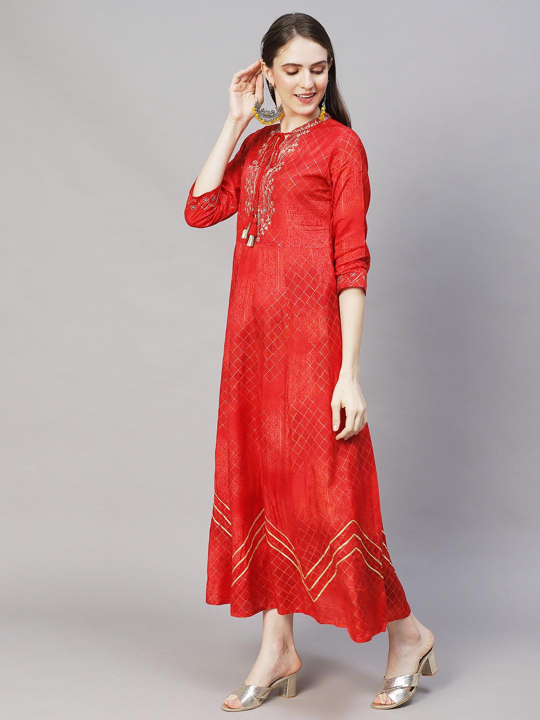 Ethnic Printed Anarkali Flared Maxi Dress - Red - Indiakreations