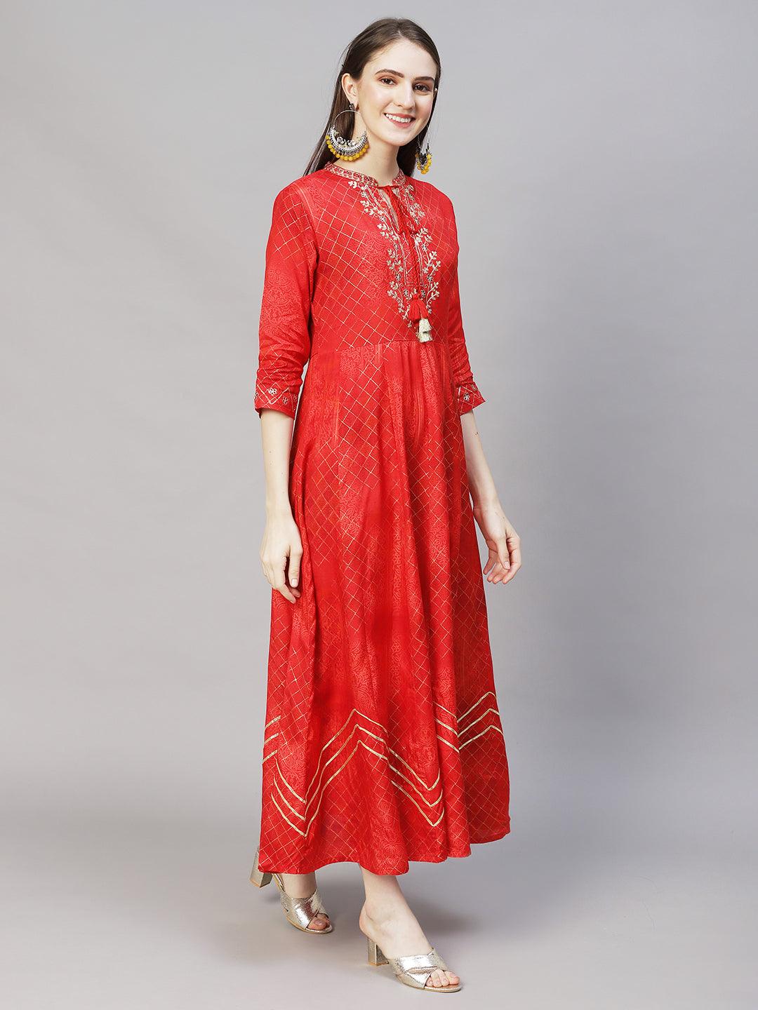 Ethnic Printed Anarkali Flared Maxi Dress - Red - Indiakreations