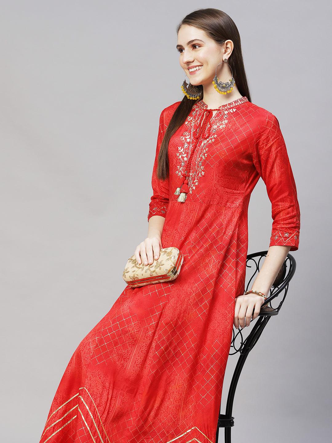 Ethnic Printed Anarkali Flared Maxi Dress - Red - Indiakreations