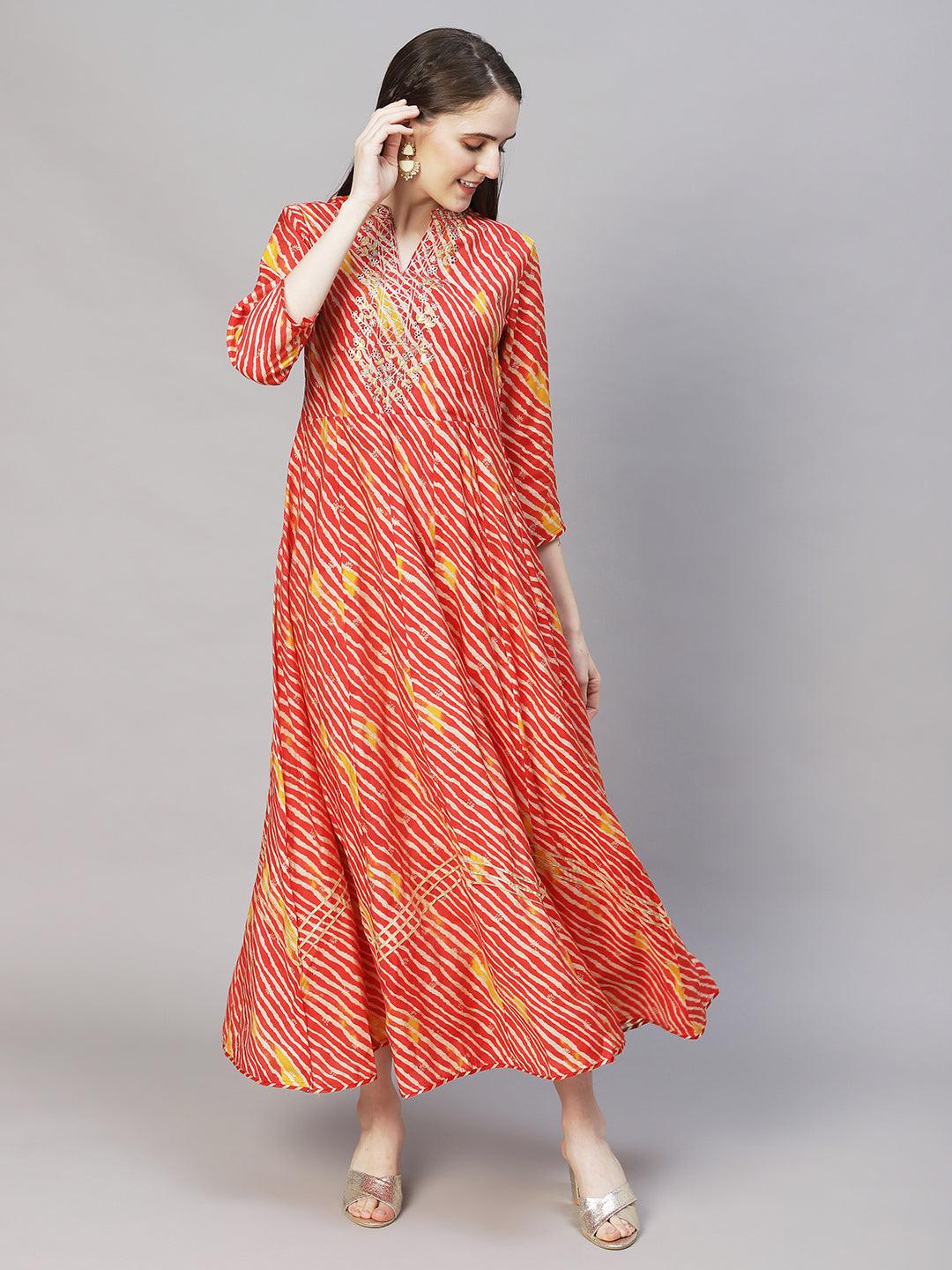 Leheriya Printed Anarkali Flared Maxi Dress - Multi - Indiakreations