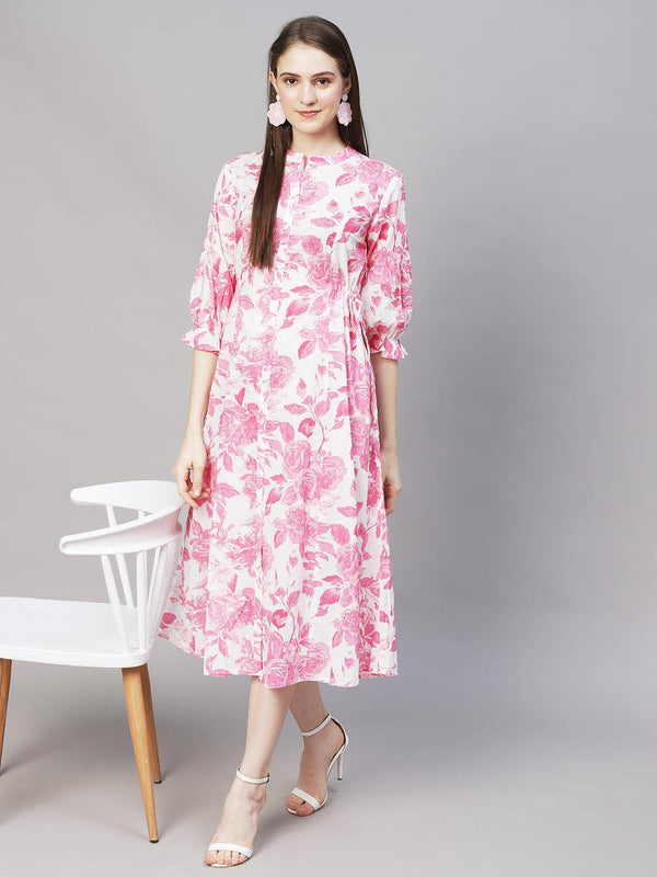 Floral Printed & Embroidered A-Line Midi Dress - Off White - Indiakreations