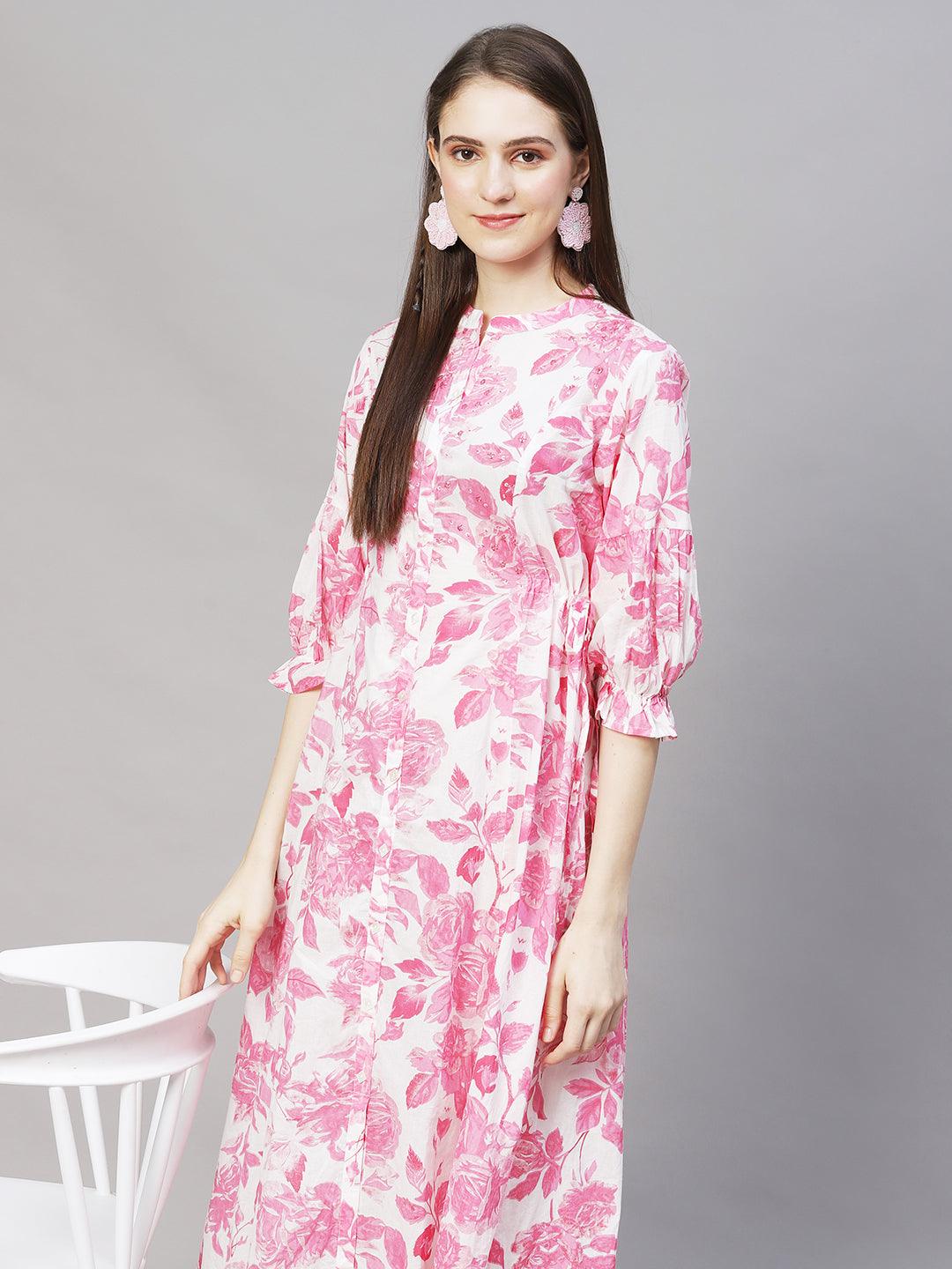 Floral Printed & Embroidered A-Line Midi Dress - Off White - Indiakreations