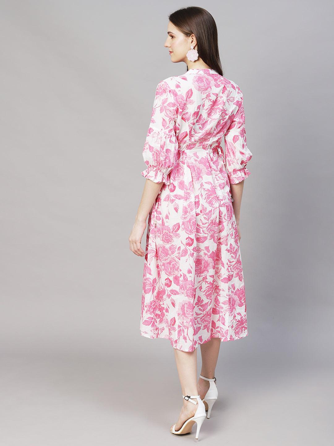 Floral Printed & Embroidered A-Line Midi Dress - Off White - Indiakreations