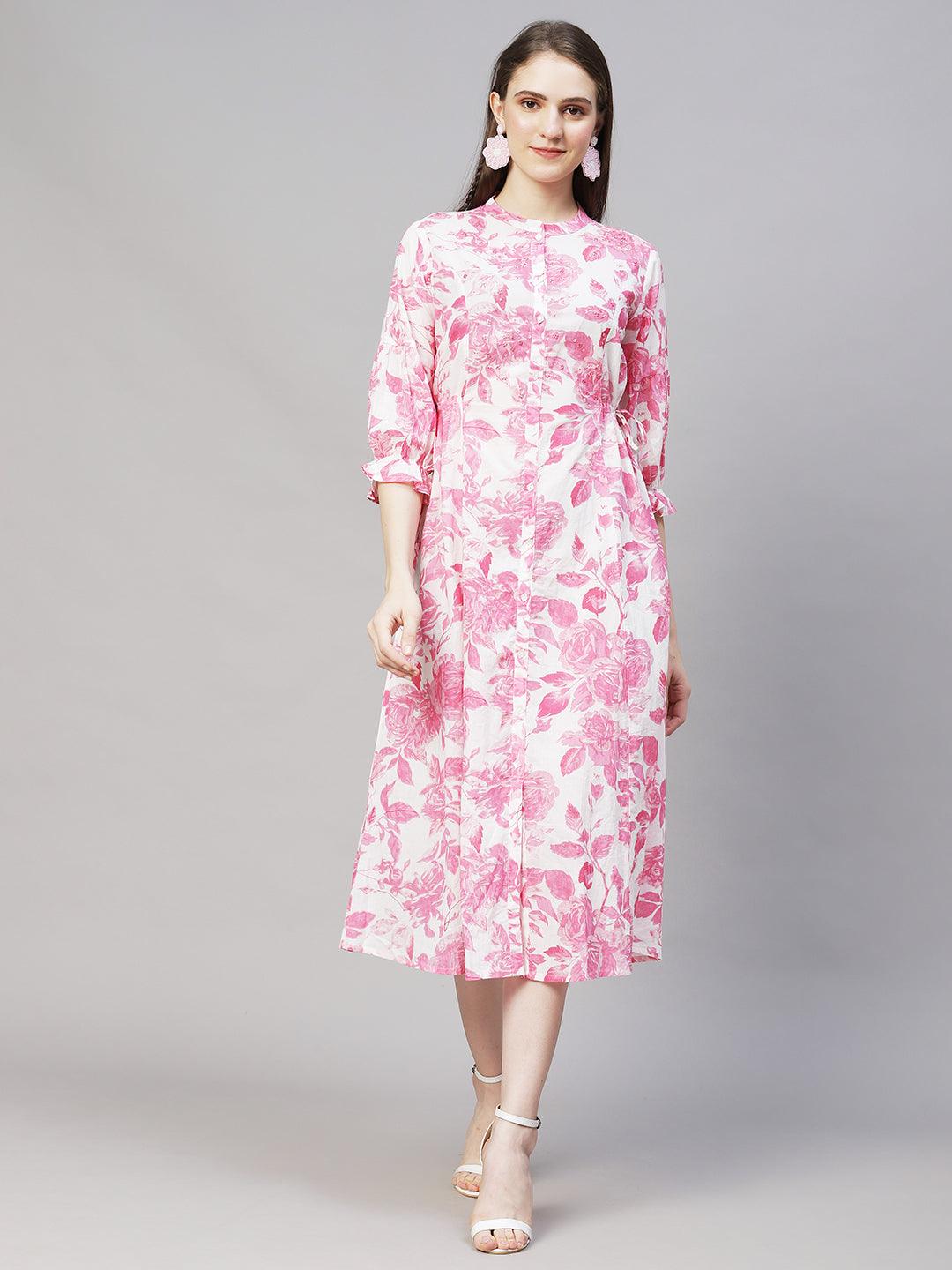 Floral Printed & Embroidered A-Line Midi Dress - Off White - Indiakreations