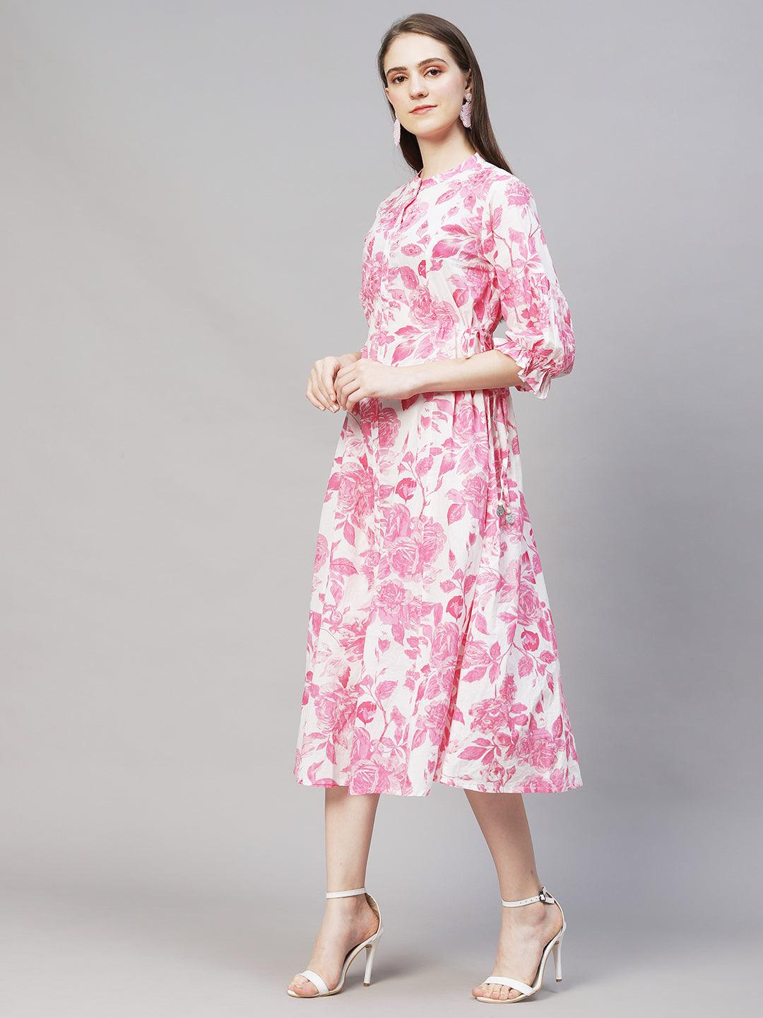 Floral Printed & Embroidered A-Line Midi Dress - Off White - Indiakreations