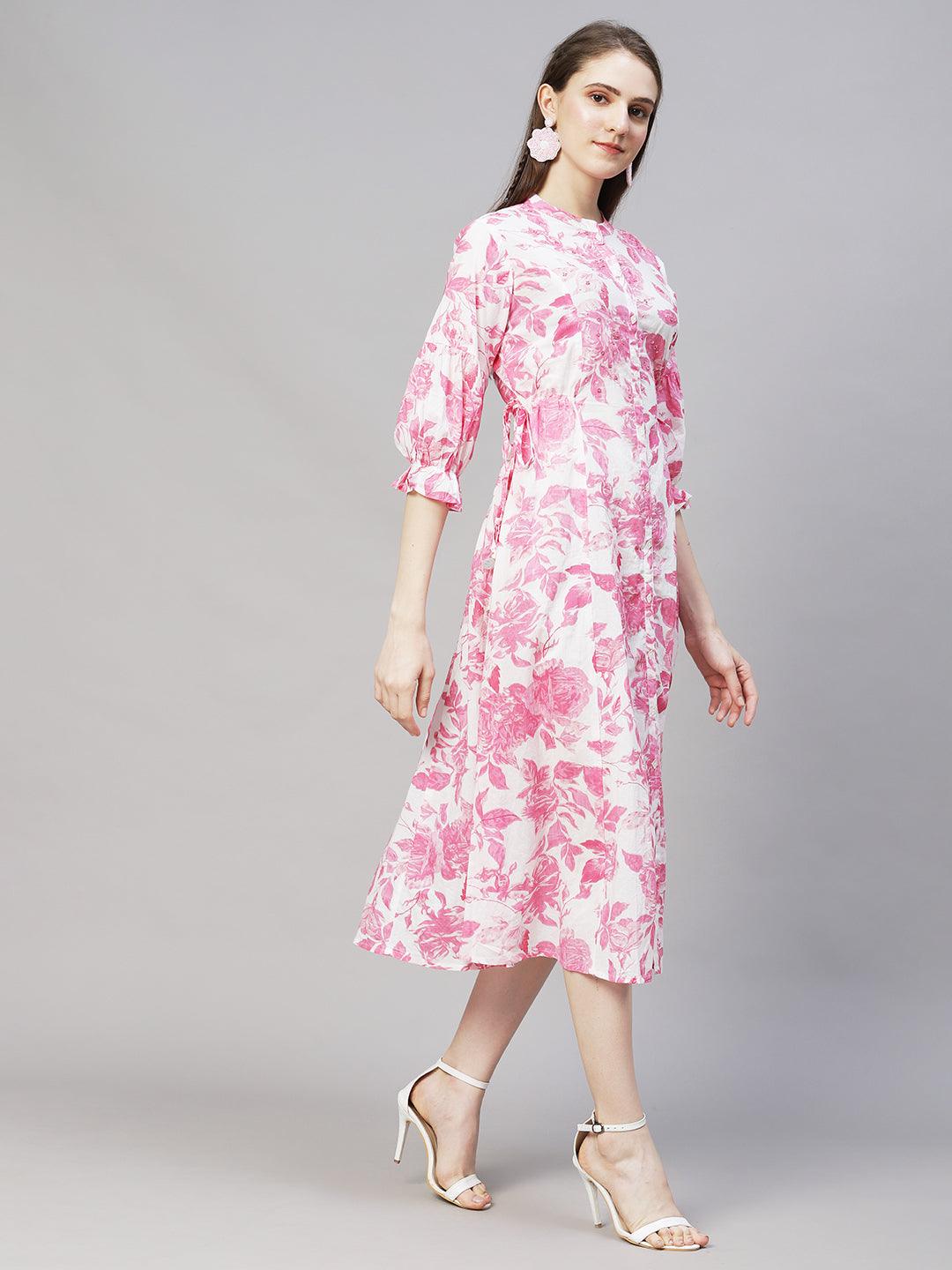 Floral Printed & Embroidered A-Line Midi Dress - Off White - Indiakreations