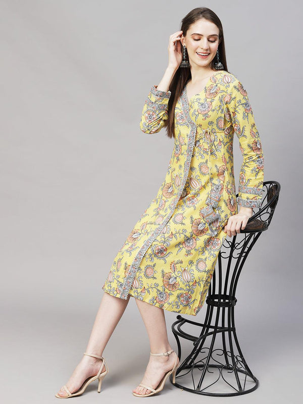 Floral Printed Angrakha A-Line Midi Dress - Light Yellow - Indiakreations