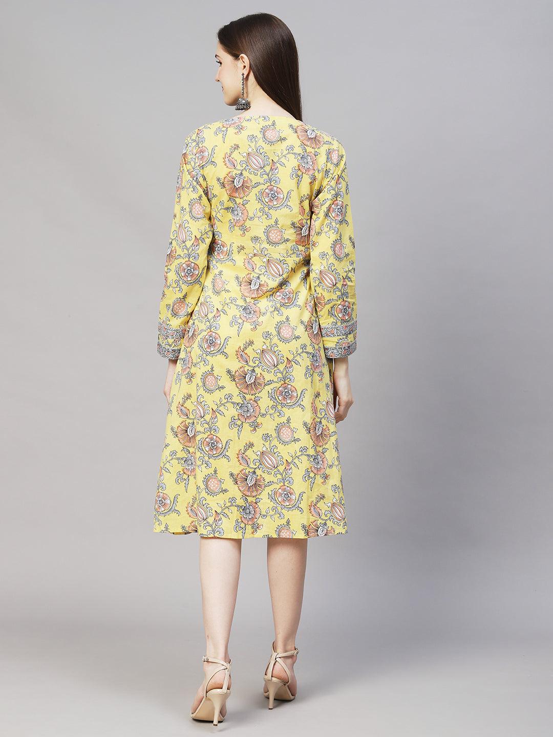 Floral Printed Angrakha A-Line Midi Dress - Light Yellow - Indiakreations