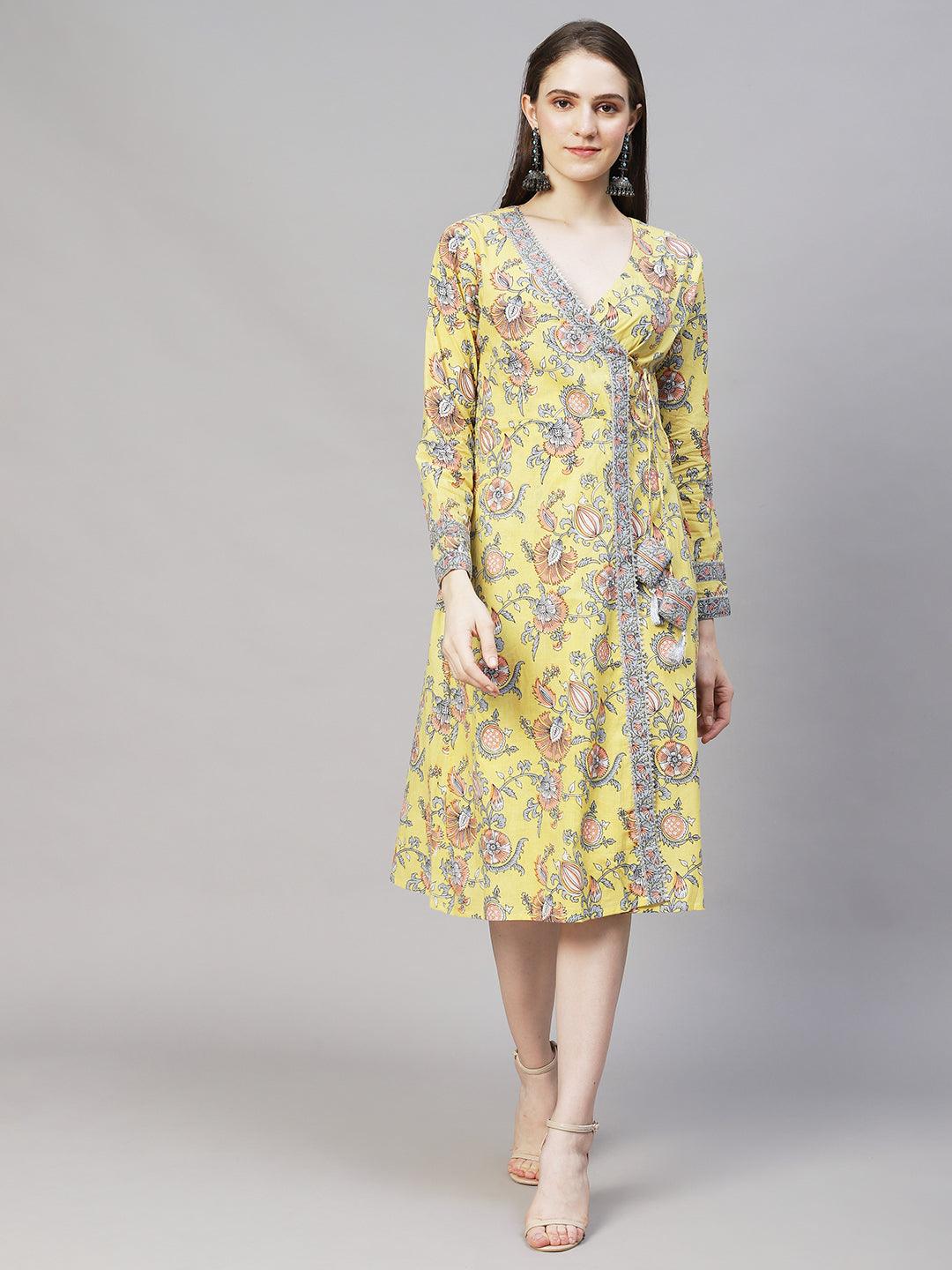 Floral Printed Angrakha A-Line Midi Dress - Light Yellow - Indiakreations